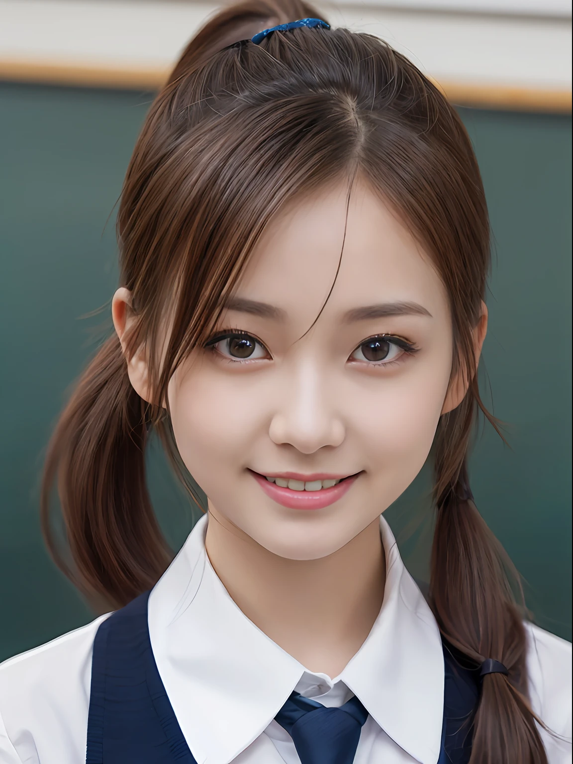 best quality, masterpiece, ultra high res, (photorealistic:1.4), RAW photo,cinematic lighting, 1 japanese girl,solo,20 years old,big breasts,(detailed beautiful face:1.5),(real skin:1.5),slender,thin legs,(big eyes:1.2),(smiling:1.3),(ponytail:1.5),(school uniform:1.5),