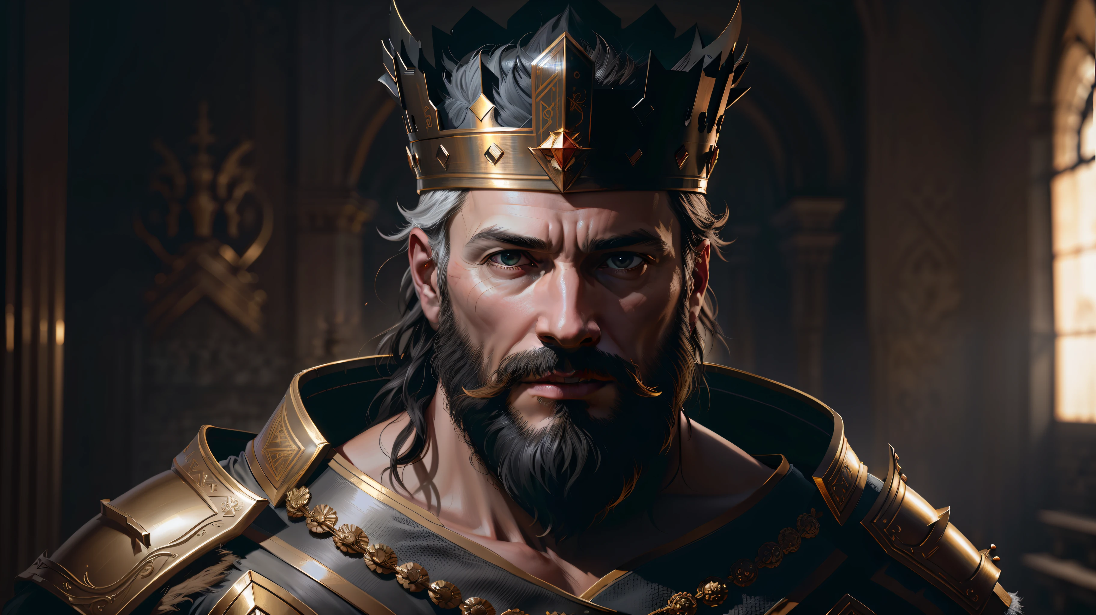 best quality, 500px, cgsociety, 8k, raw photo of (beautiful:1.2) human king, wear king crown, king armor, 40yo, beard, in castle, full body, ambient light, backlight, volumetric lighting, realistic, realistic lighting, cinematic lighting, depth of field, sharp focus, (high contrast:1.2), (film grain)