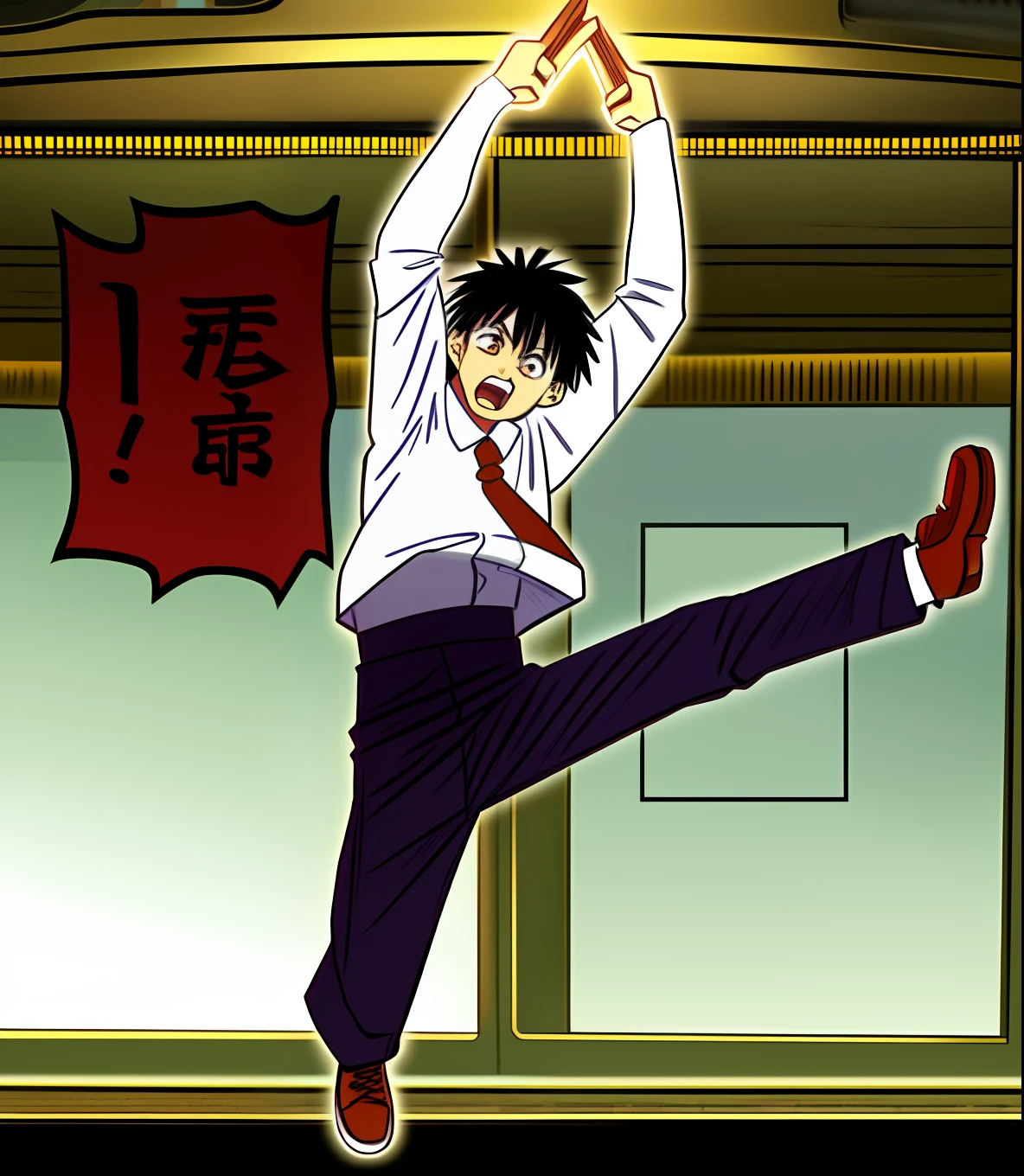 A caricature of a man in a white shirt jumps in the air, shounen jump, great teacher onizuka, author：Middle Bokuhn, kentaro miura manga style, manga style of kentaro miura, Tsutomu Nihei style, tsubasa nakai's style, chainsaw man manga, hikkikomori