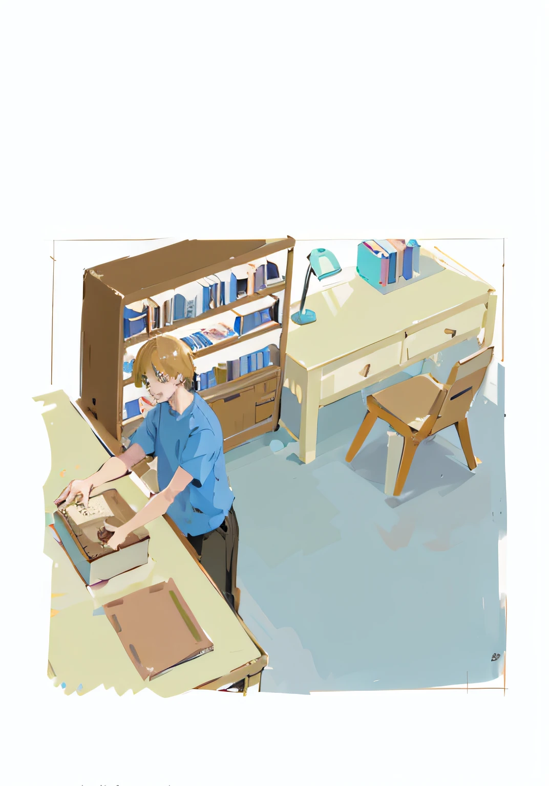 there is a man that is standing in front of a desk, library background, dusty library, In a library, book illustrations, small library, library, full-colour illustration, borne space library artwork, an illustration of, full page illustration, Student, A illustration, colorful illustrations, blurry and dreamy illustration, Librarian, encyclopedia illustration, portfolio illustration, inside a library, Color illustration