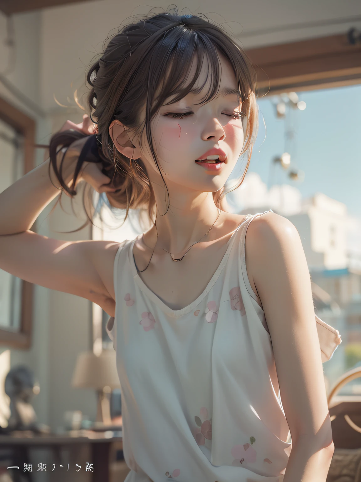 Close eyes):2.0, (Open mouth):1.5 Real numbers、8yk、Raw photo、(masuter piece)、(top-quality)、Hi-Res、（（Looking Up)）(girl with)、(realisitic、Photorealsitic:1.2), Upper body、ponytail,Sleeveless、skinny、14years、small tits、Eyes closed、Deep sadness、Sorrow、look up sky、Open mouth、screeming、Bedrooms、Background blur