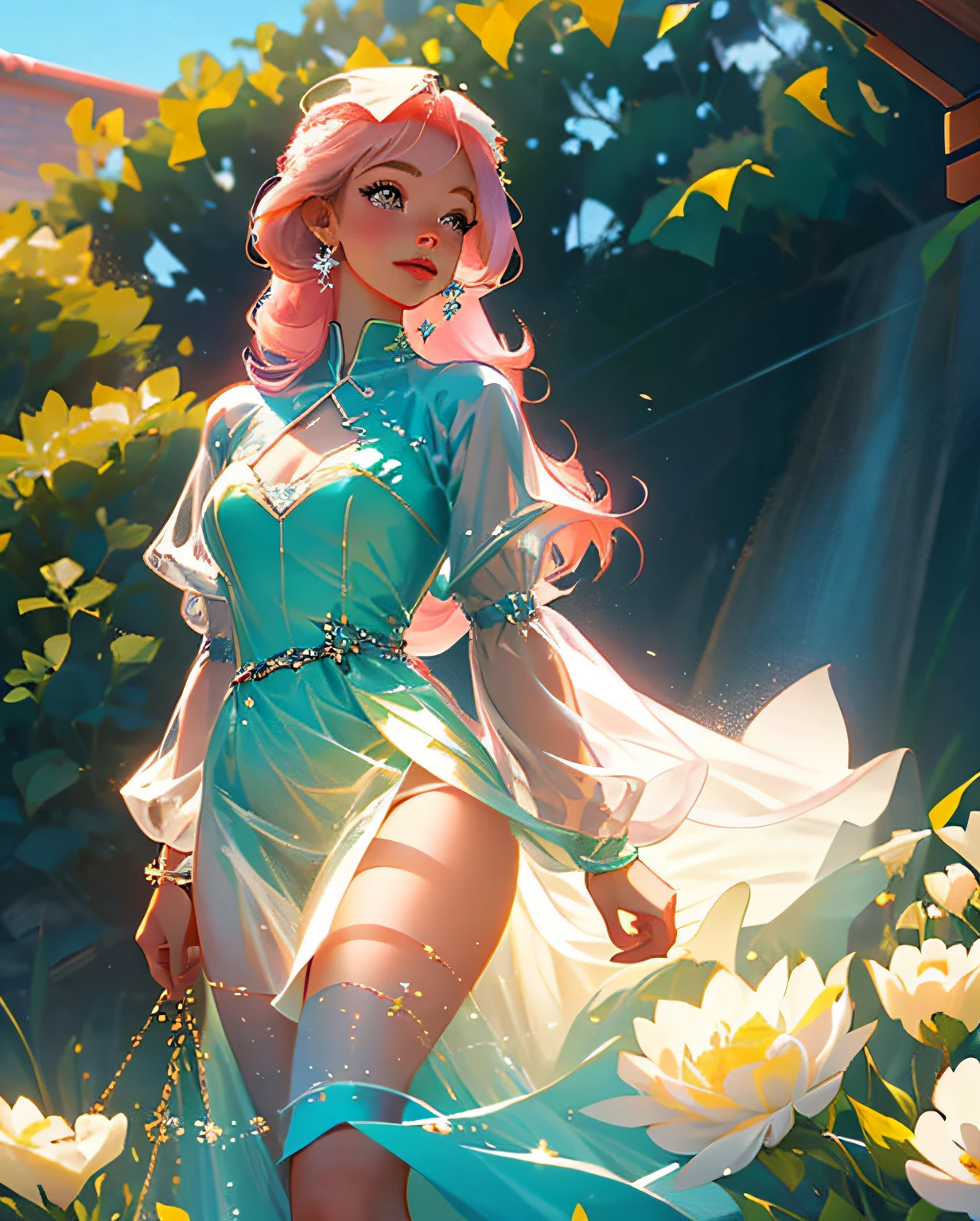 "Draw an adorable girl with pink hair in a cartoon style, holding a delicate flower in your hands. Ela tem olhos grandes e expressivos, um sorriso doce no rosto e usa um vestido colorido com estampas de flores. Her pink hair is long and flowing, com mechas encaracoladas que adicionam charme ao seu visual. on his left hand, She holds a flower in bud, while with her right hand she makes a graceful gesture, as if greeting someone. O desenho deve transmitir alegria, delicadeza e uma aura encantadora."