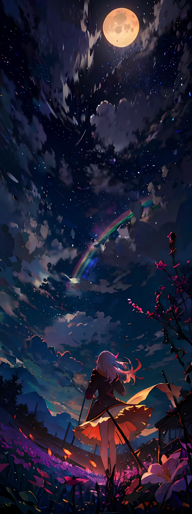 Anime girl with umbrella looking at rainbow in the sky, ufotable art style, rainbow in the sky, Anime background art, Anime art wallpaper 8 K, anime backgrounds, Cosmos Sky. By Makoto Shinkai, Anime art wallpaper 4 K, Anime art wallpaper 4k, just one rainbow 8 k, colorful anime movie background, 4K anime wallpaper
