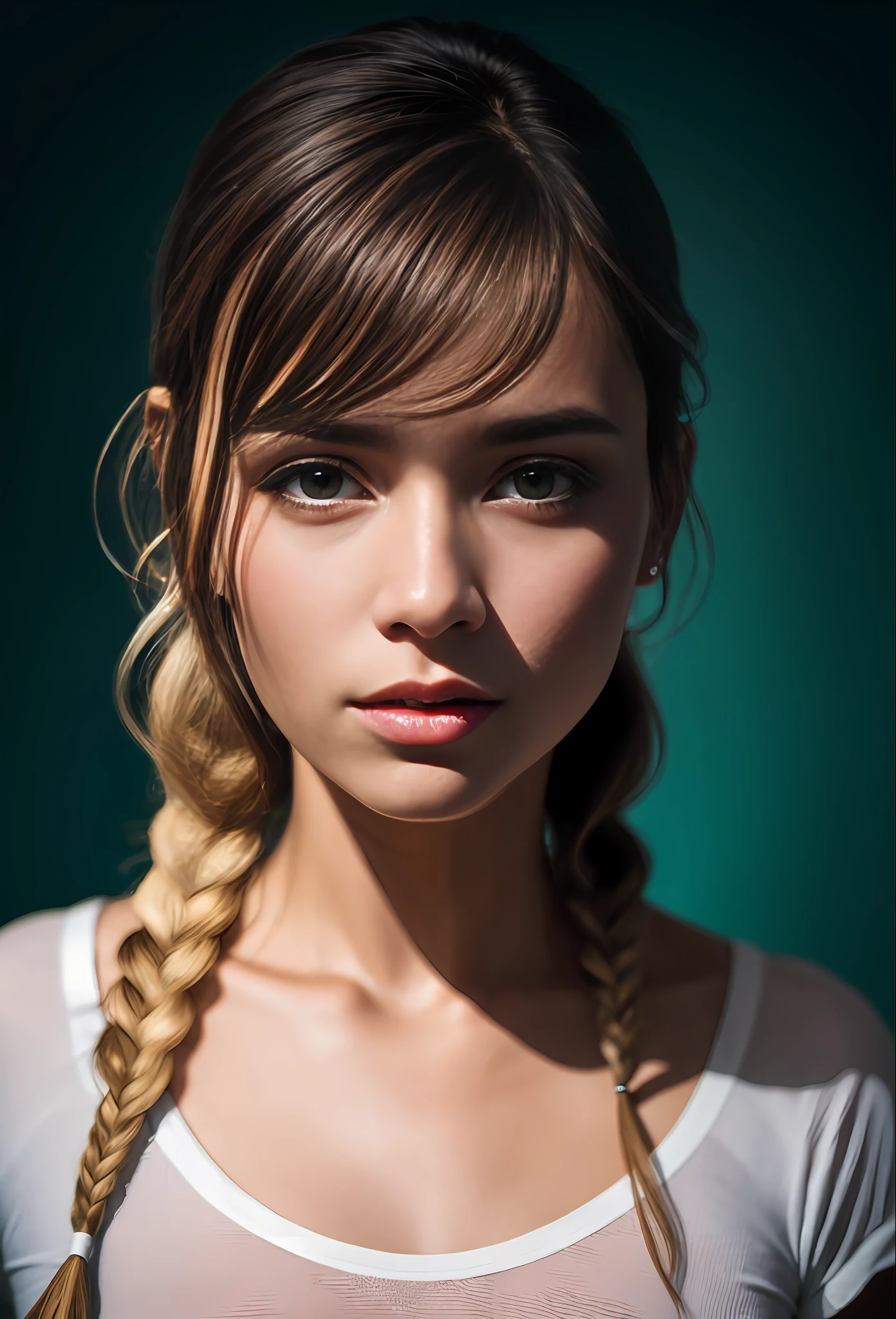((linda mulher de pele clara)), (cabelo (((liso))) stuck in the braid), ((magro, pequeno)), wearing basic t-shirt, Camiseta com pequena marca, (mini-saia,) (coxas a mostra) fotografiarrealista, fotografia, obra-prima, realista, Realismo, renderizado, Alto contraste, digital art photographyrealistic trend in Artstation 8k HD high definition detailed realistic, detalhado, textura da pele, hiper detalhado, Textura realista da pele, armadura, melhor qualidade, ultra high-resolution, (fotografiarrealista: 1.4), alta resolução, detalhado, fotografia crua, sharp re, by Lee Jeffries Nikon D850 Film Stock Photography 4 Kodak Portra 400 Camera Lens F1.6 rich colors realistic texture hyper realistic dramatic lighting unrealengine trending on artstation cinestill 800, ......RAW
