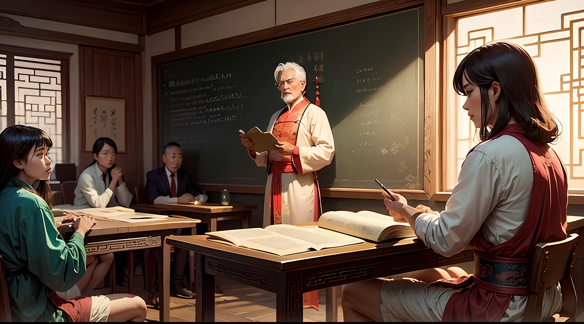 Era uma vez, a wise master teaching his students in ancient China, mostrar todos os alunos na sala