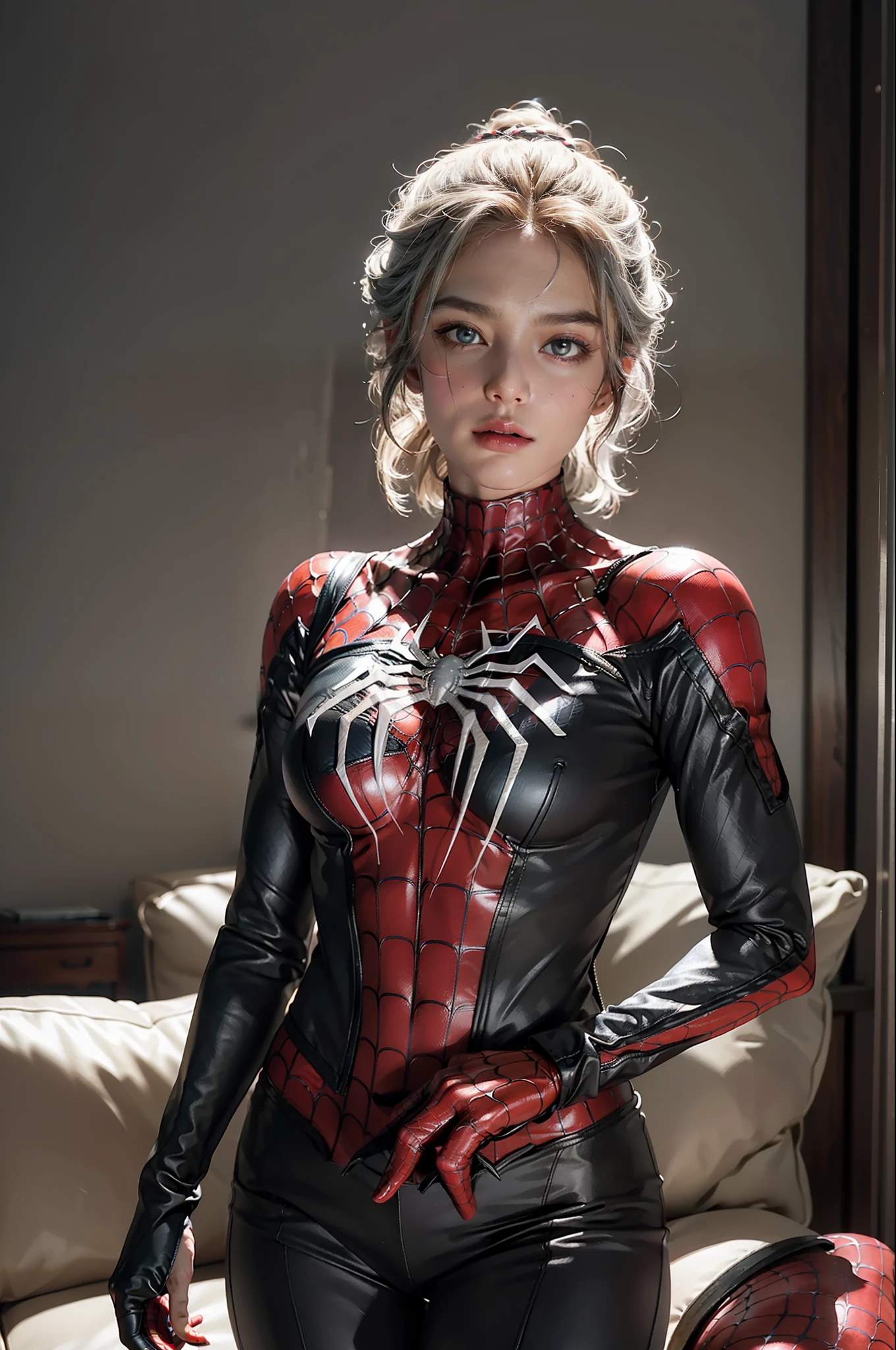 (Extreme Detail CG Unity 8K wallpaper, masterpiece, highest quality), (Exquisite lighting and shadow, highly dramatic picture, Cinematic lens effect), a girl in a white Spider-Man costume, silver gray hair color, from the Spider-Man parallel universe, Wenger, Marvel, Spider-Man, sitting on the couch, dynamic pose), (excellent detail, excellent lighting, wide angle), (excellent rendering, enough to stand out in its class), focus on white Spider-Man costumes, complex spider textures