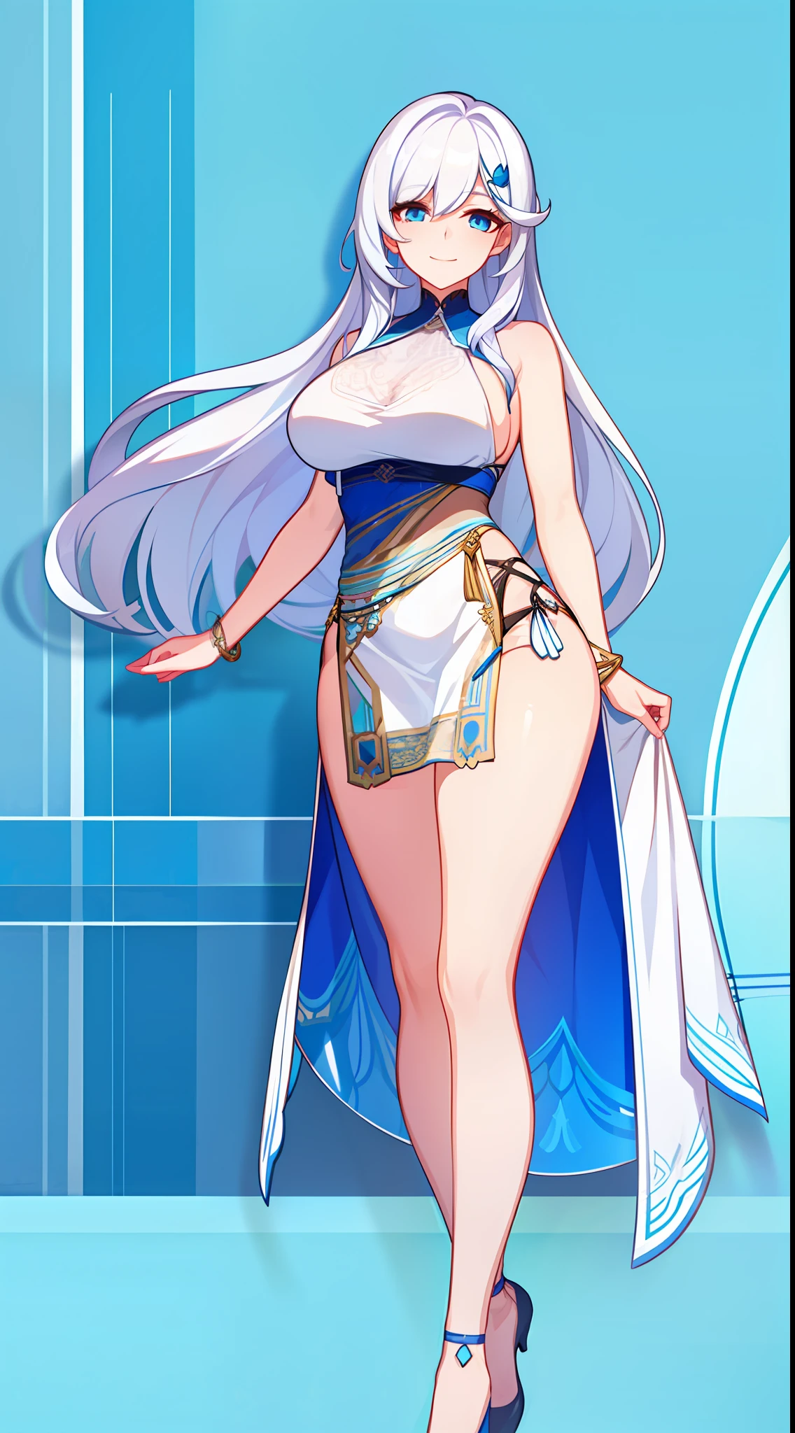 Tall girl, Long white hair, Blue, Rich sleeveless dress, open breasts, ssmile, Masterpiece, hiquality