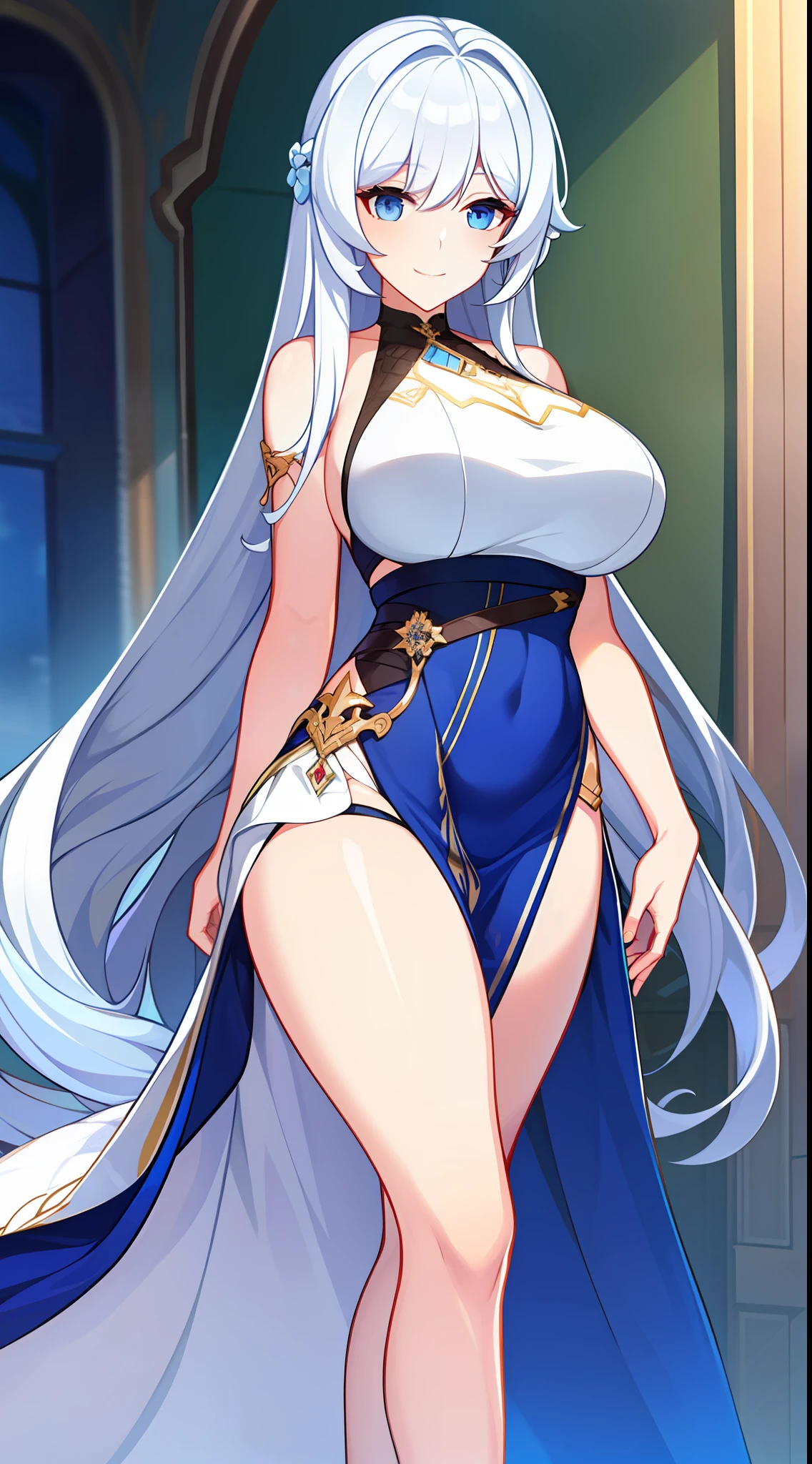 Tall girl, Long white hair, Blue, Rich sleeveless dress, open breasts, ssmile, Masterpiece, hiquality