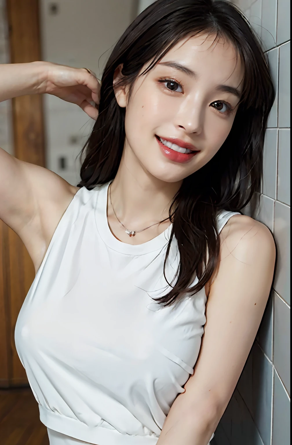 (A hyper-realistic), (illustratio), (hight resolution), (8K), (ighly detailed), (The best illustrations), (beatiful detailed eyes), (top-quality), (ultra-detailliert), (masterpiece), (wall-paper), (详细的脸), a bed、Upper body close-up,Armpit, A smile,Plump,独奏,Girl in white tank top with open chest, japanes, large full breasts, (camel's toe)、huge-breasted、Detailed, well-groomed white teeth、Ultimate Beauty、shot on the Canon EOS R 6、full of sweat、(beautiful detailed teeth)、Silver necklace、Park with sunshine、Perfect and beautiful female hands、Perfect tooth alignment、Perfect fingers、Navel dashi、Mansuji、Beautiful butt、
