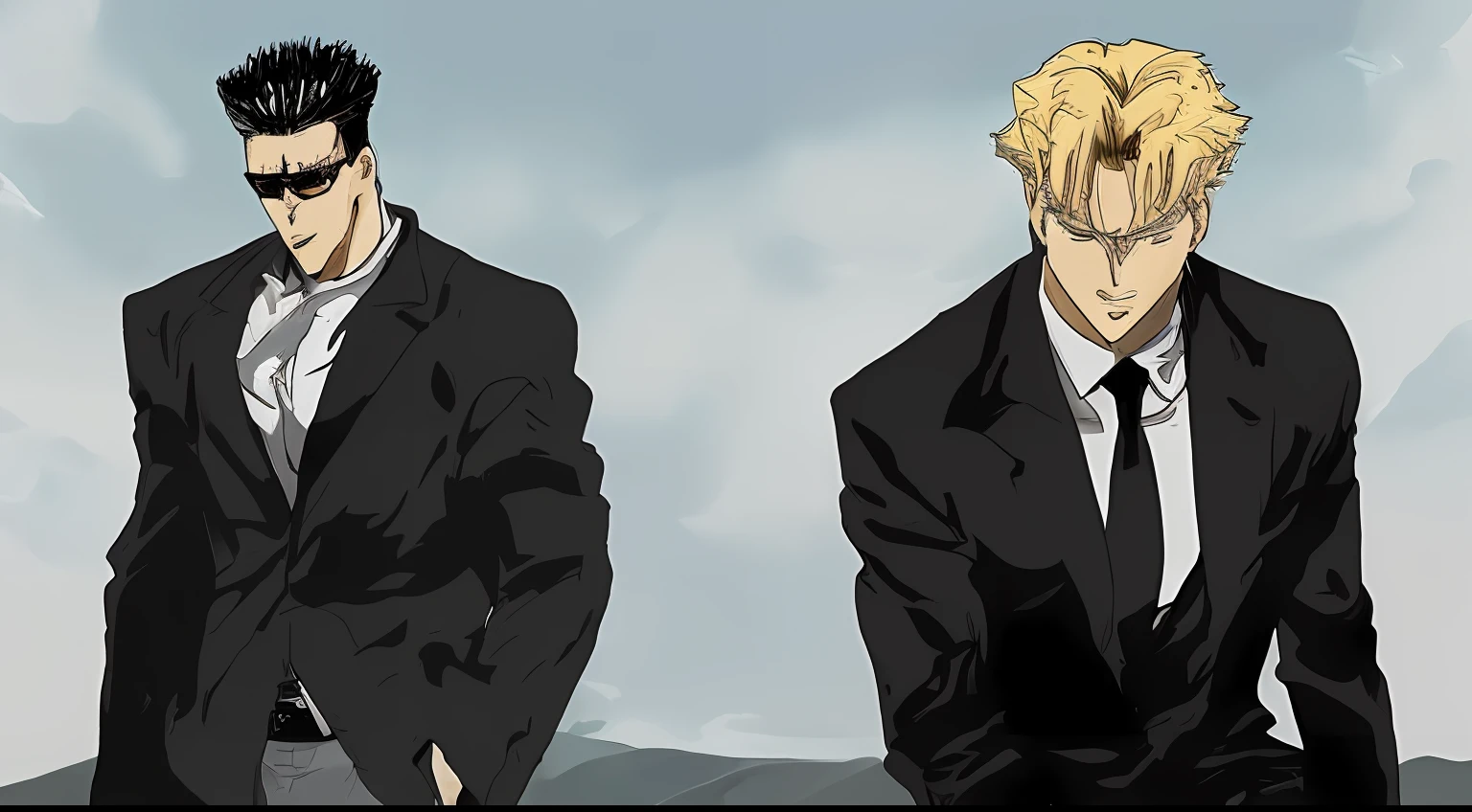 (Rudeus, 1 blonde boy with white t-shirt and brown pants, andando, estilo anime :: Toguro, 1 Muscle man in black suit and black pants, andando, estilo anime) , (((sentados jogando xadrez)))