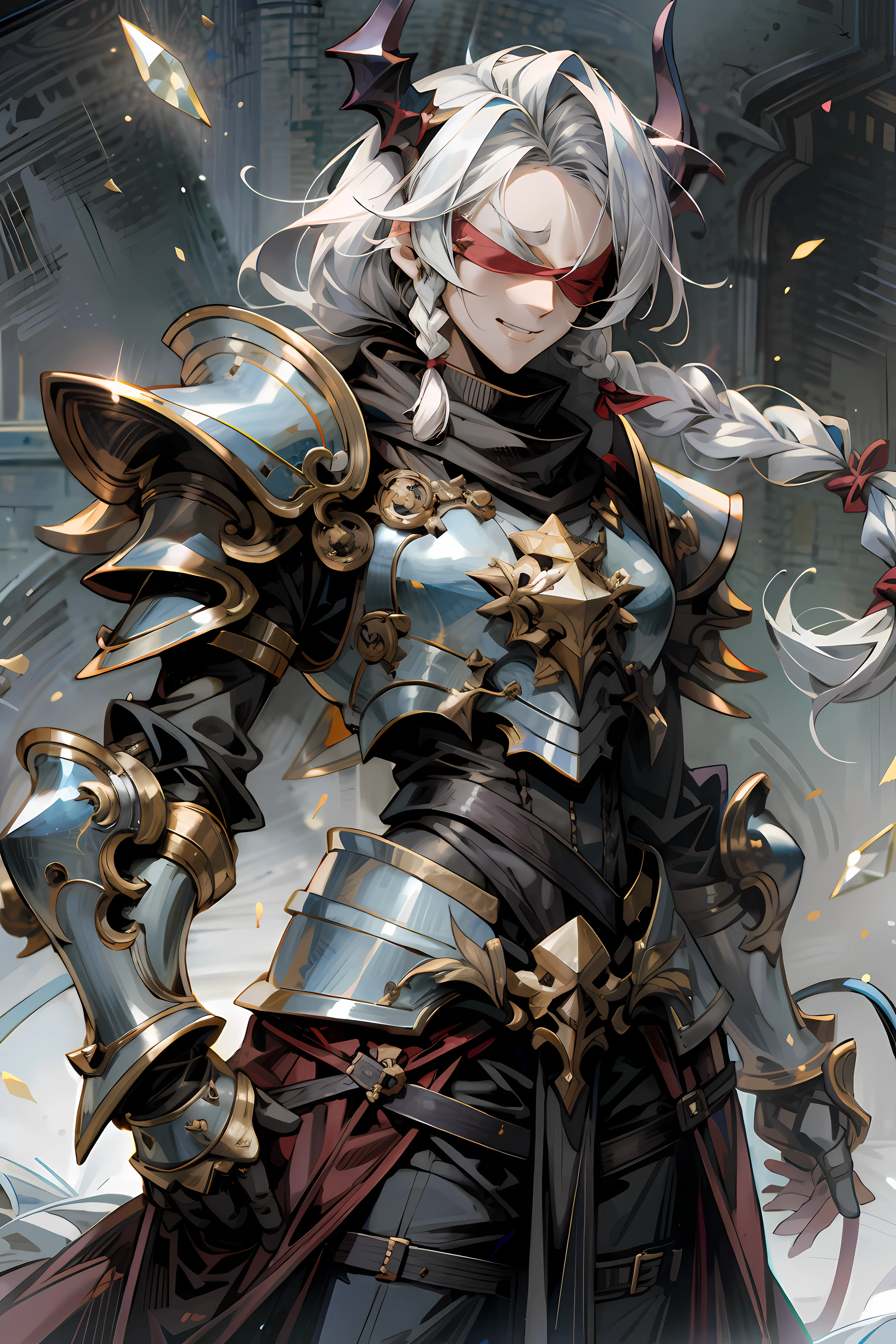 male, gauntlet with blades, heavy armor, evil smile, evil, low twin braids, crystal hair, demon horns, anime style, Gothic art, high details, highres,blind,blindfold
