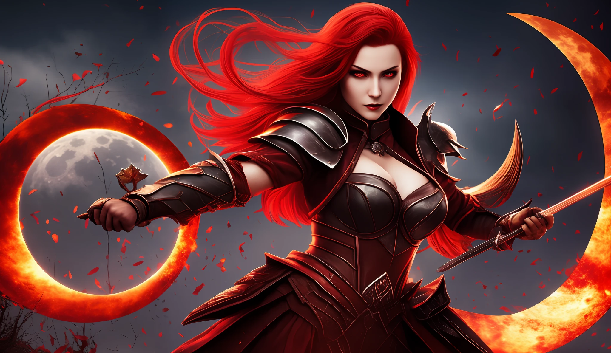 there is a vampire woman with red hair and sword in her right hand, crimson red hair and blood red eyes, full body, sexy armor, game art, bloodred moon background, 4k, ultra realistic, fighting pose