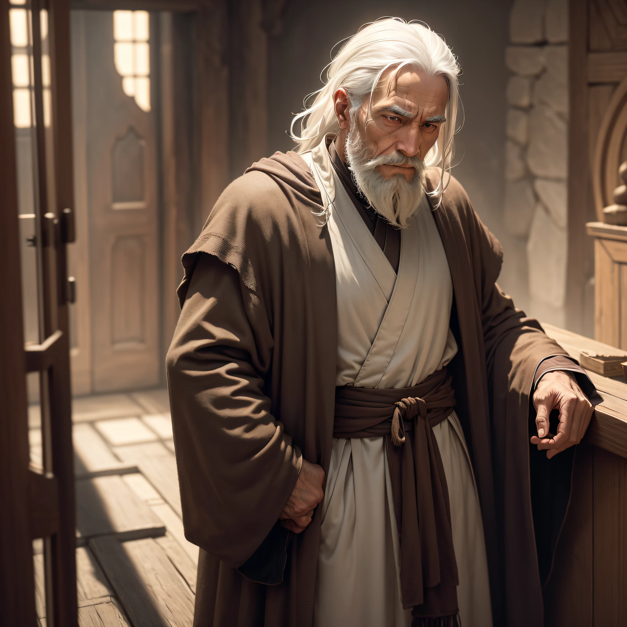 Man of advanced age, with a fragile and weakened appearance. Whitish hair and beard, scruffy and sparse. Worn and soiled monk's robes, signifying his journey to the Forbidden Stronghold to its end. Tired eyes and serene expression, showing his acceptance of impending death. Every movement is slow and meticulous, demonstrating her weakened condition. Oriental man, 8k --auto