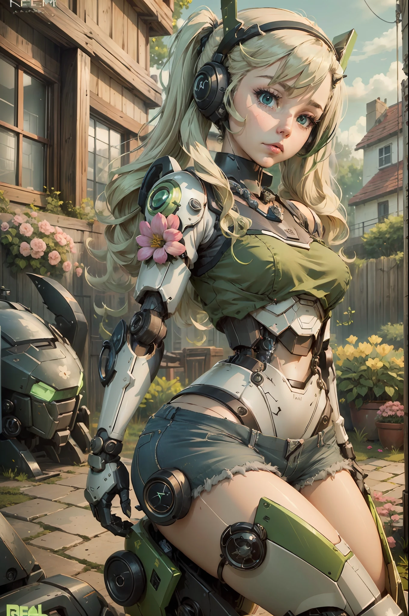 (reelmech:1.5), pretty 1girl, half mechanical face, beautiful face, simetrical eyes, 8k uhd, platinum blonde hair, twintail green hair, medium breasts, black tshirt, denim shorts, garden background, flowers, magnolias, apple tree, have wings