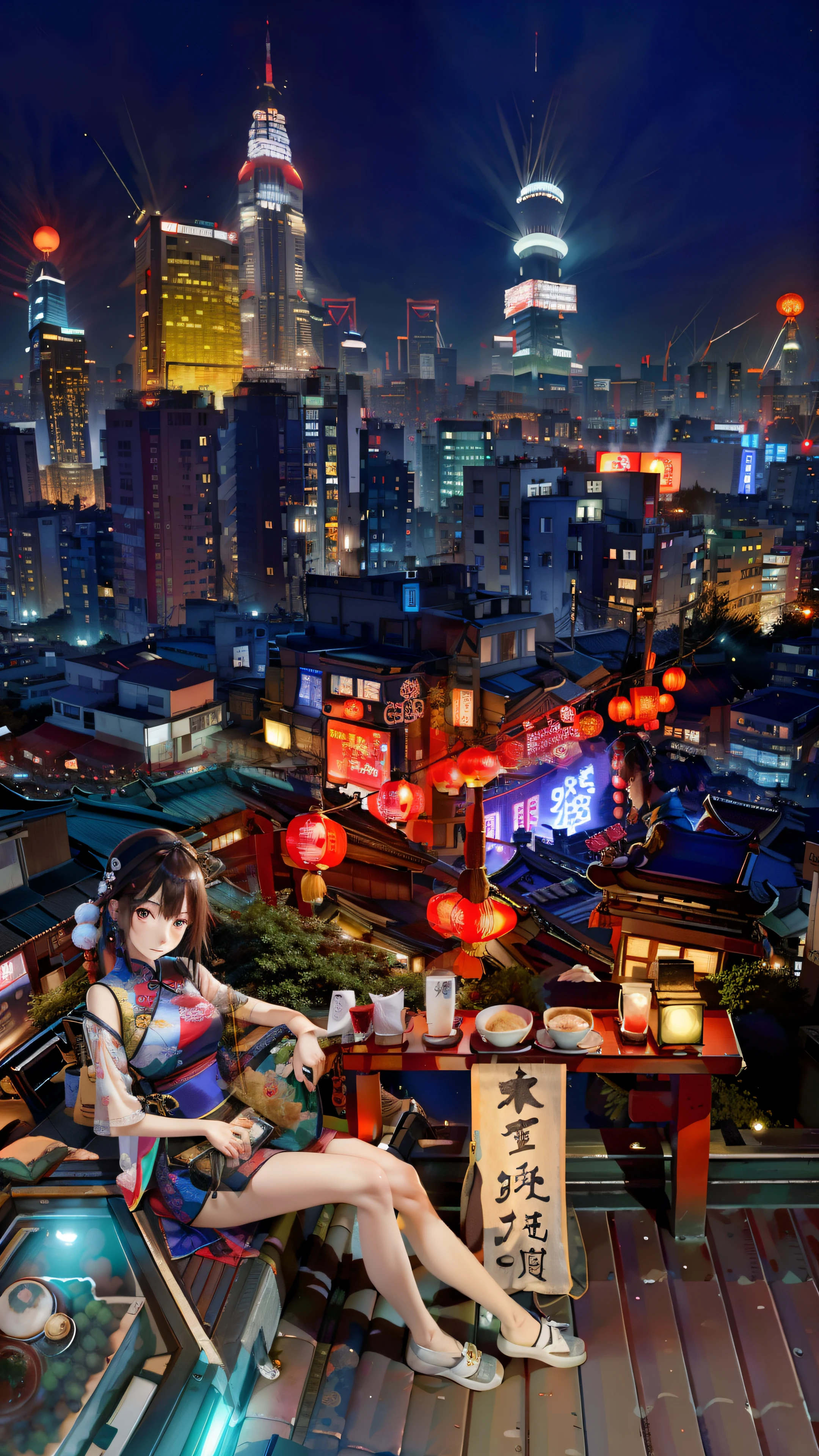 On deck sat a young girl of Chinese descent，Background with fans and Shanghai city skyline。with the city as the background，aesthetic shot，Night view，large view。Chinese woman on the roof of Tokyo，Summer evening，Great view。The city landscape is complete，It is the night of Chinese New Year, an important festival in China，Photographed on the rooftops of Shanghai and Tokyo，In order to express the bustling scene of the city，Night shots are required，Presented as a complete view。