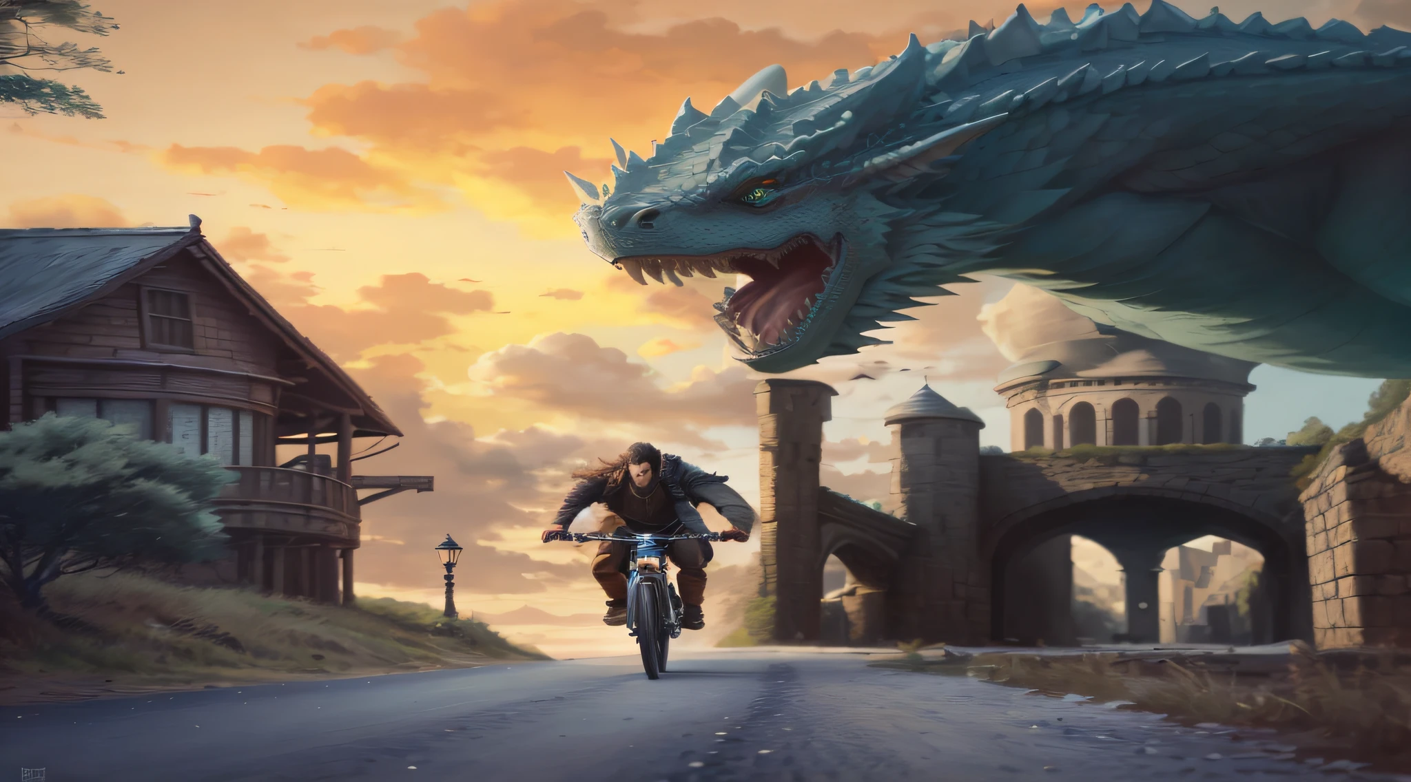 Image of Jon Snow riding his bike down a road with a dragon by his side, dragon rider, realistic fantasy illustration, Riding a dragon, epic fantasy illustration, fat dragon with rider, Hiper-realista D & d fantasy art, Jormungandr, Epic Fantasy Digital Art Style, arte de fantasia realista, Jon Snow riding a dragon, por Kerembeyit