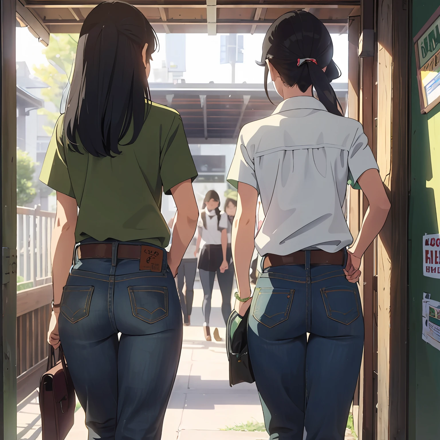 schoolgirls，cowboys，dual horsetail，Green shirt，Jeans，Hands behind your back --auto