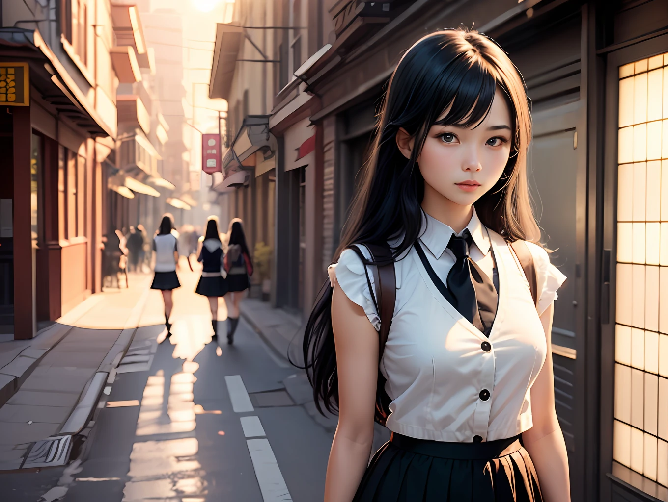 schoolgirls,Looks sweet,mature,gentleness,Wearing a white vest,and black JK skirt,with fair skin,He has long black hair,The hair shawl is in better shape,In the background behind you is the street illuminated by the setting sun --auto