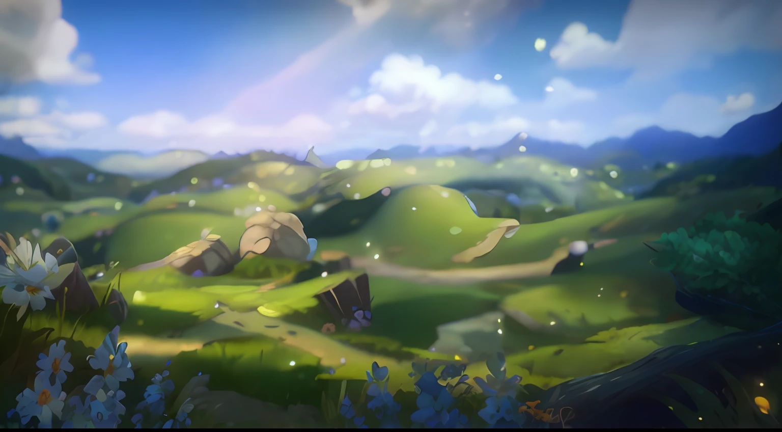 There is a picture of a beautiful landscape with flowers, distant village background, background artwork, magical battlefield background, arte de fundo, game background, Epic background, magical battlefield backround, Mobile game background, light kingdom backdrop, odin's stone arena background, background-image, riot background, Magnificent background, Splash Art, splash screen art, arena background，Pixar animation style，Pixar cartoon art，best qualityer，Best results，Optimal material feel