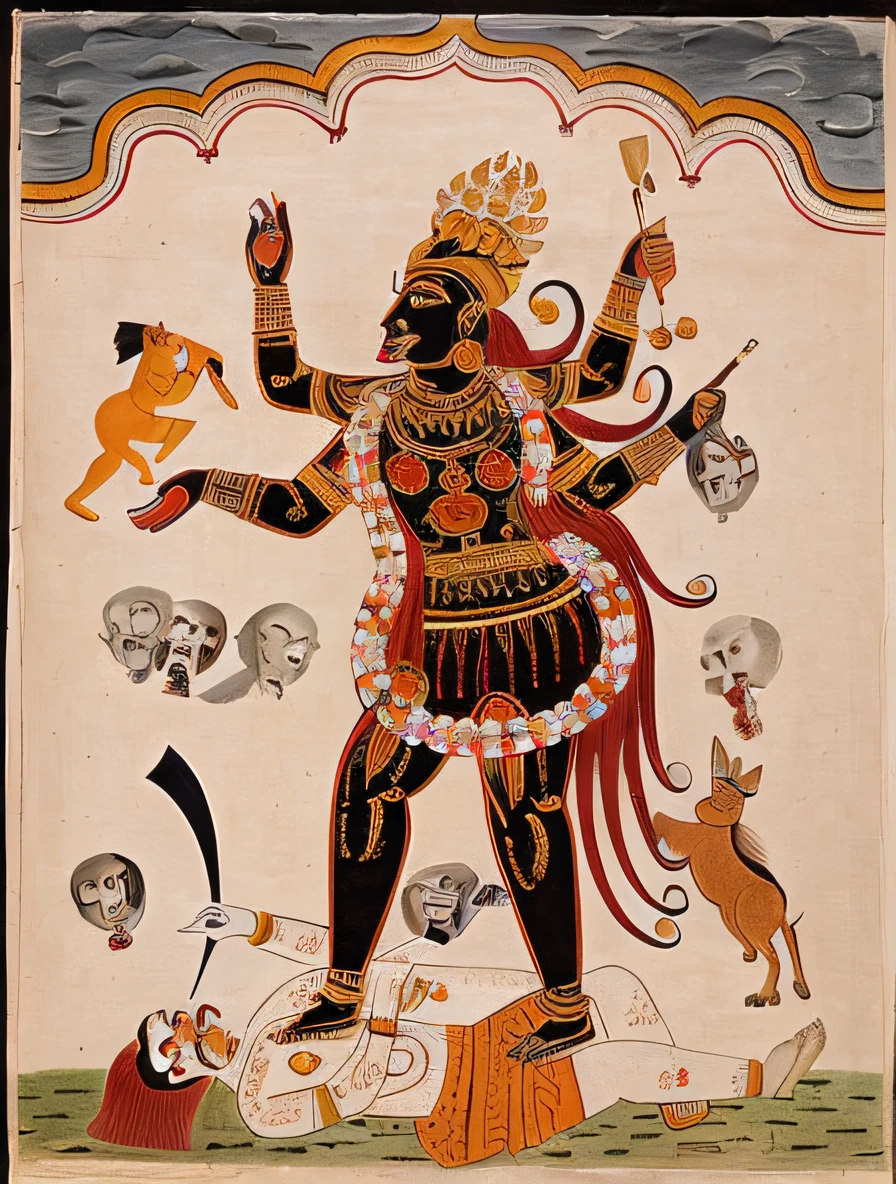 a painting of a man with a dog and a cat, rio, Retrato do Deus da Morte, Arte hindu, Narasimha, mythological painting, Hindu god, dark goddess with six arms, imagens tribais antigas, Um enorme deus gigante celestial, Kalighat altamente detalhado, Retrato de um Deus da Morte, O Deus Hades, Kalighat