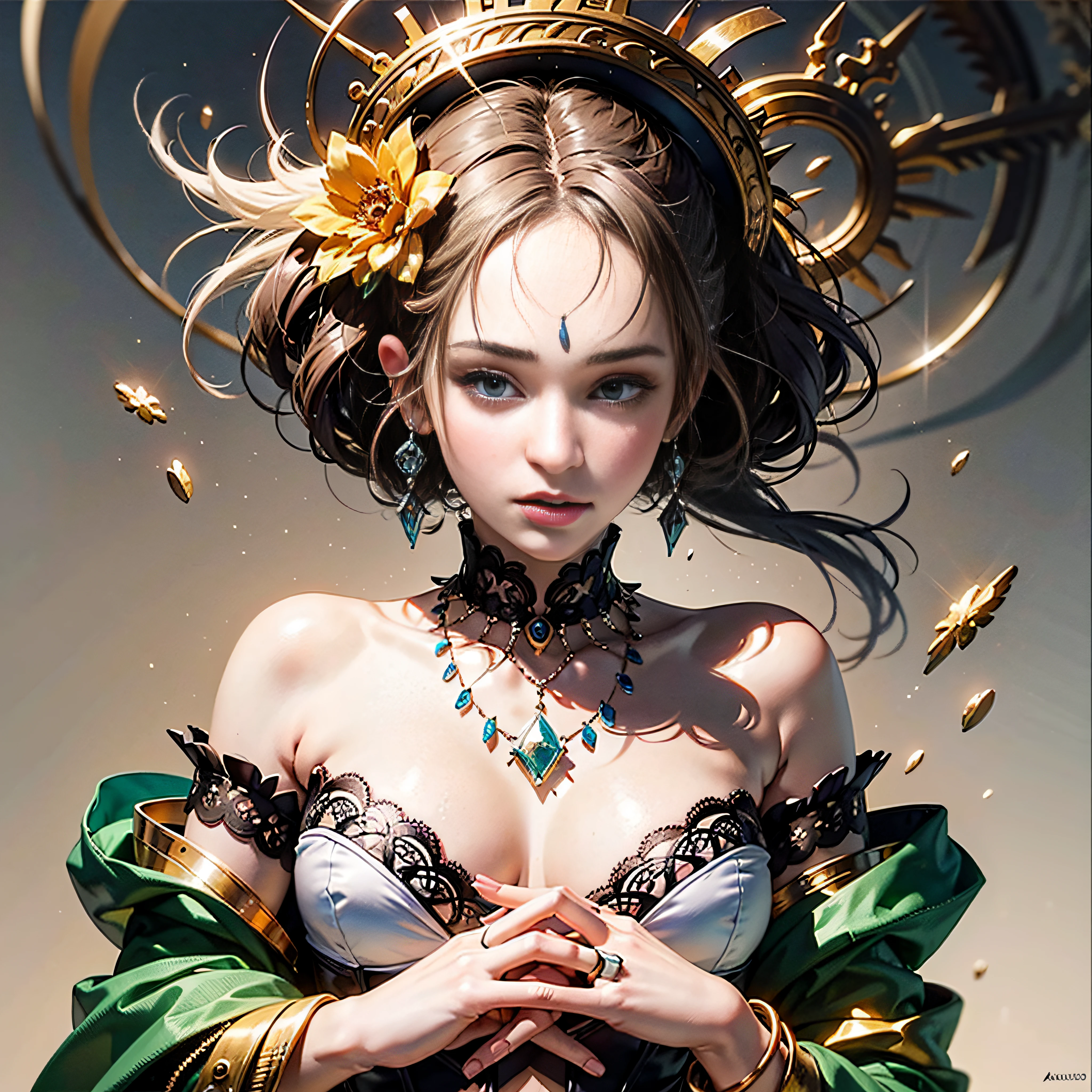 official art, unity 8k wallpaper, ultra detailed, beautiful and aesthetic, masterpiece, best quality, (zentangle, mandala, tangle, entangle), (fractal art:1.3) , 1girl, extremely detailed, dynamic angle, cowboyshot, the most beautiful form of chaos, elegant, a brutalist designed, vivid colours, romanticism, by james jean, roby dwi antono, ross tran, francis bacon, michal mraz, adrian ghenie, petra cortright, gerhard richter, takato yamamoto, ashley wood, atmospheric, ecstasy of musical notes, streaming musical notes visible