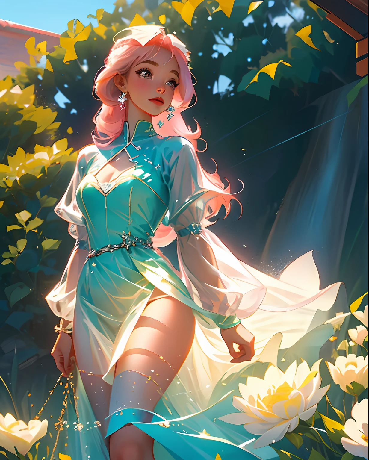 "Draw an adorable girl with pink hair in a cartoon style, holding a delicate flower in your hands. Ela tem olhos grandes e expressivos, um sorriso doce no rosto e usa um vestido colorido com estampas de flores. Her pink hair is long and flowing, com mechas encaracoladas que adicionam charme ao seu visual. on his left hand, She holds a flower in bud, while with her right hand she makes a graceful gesture, as if greeting someone. O desenho deve transmitir alegria, delicadeza e uma aura encantadora."