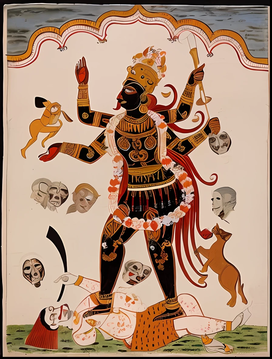 a painting of a man with a dog and a cat, rio, Retrato do Deus da Morte, Arte hindu, Narasimha, mythological painting, Hindu god, dark goddess with six arms, imagens tribais antigas, Um enorme deus gigante celestial, Kalighat altamente detalhado, Retrato de um Deus da Morte, O Deus Hades, Kalighat