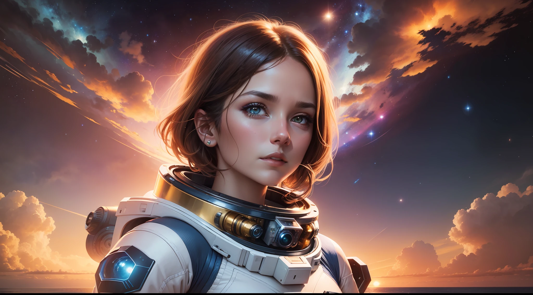 ((one woman looking at camera)), detailed face, mid shot, (chrome golden and blue sci-fi space suit), brown hair, (white clouds), sunset, stars, ships far away in ocean