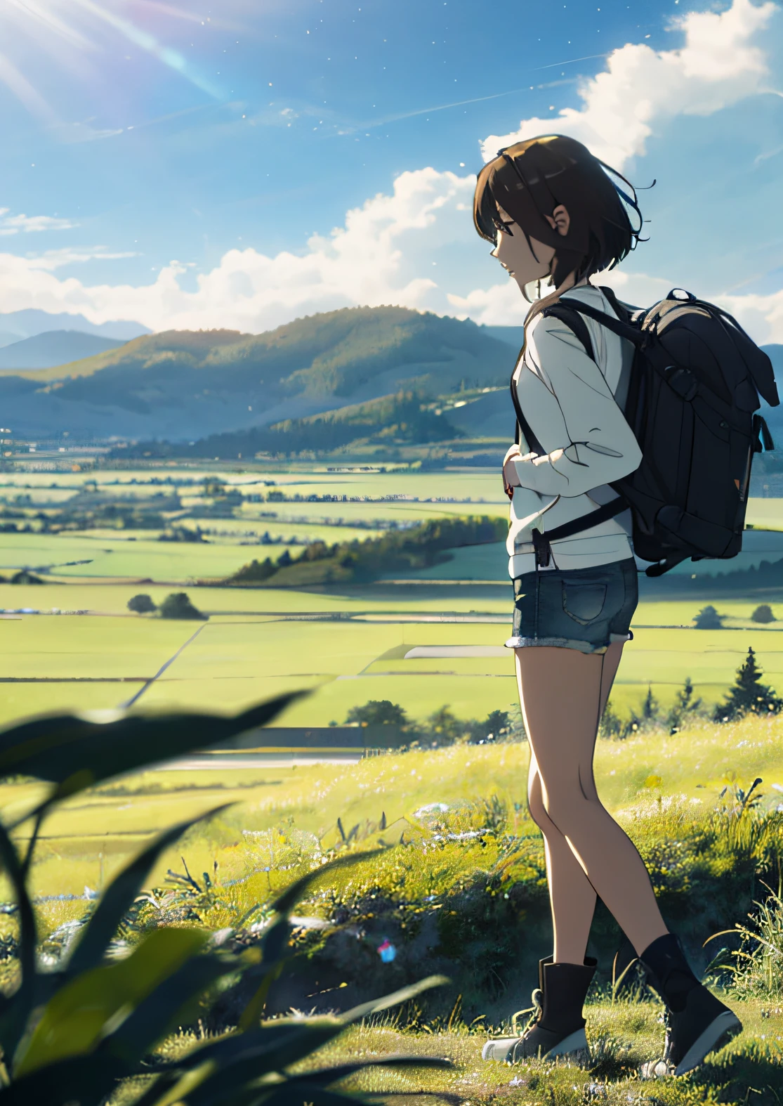 (beautiful and magnificent skyline, majestic sky), (extremely tense and dramatic pictures, moving visual effects), (high hanging Polaris, colorful natural light), (1girl), (long-sleeved top, denim shorts, carrying a backpack), (dynamic pose:1.3, black eyes, black hime-cut hair, sparkling girl)[:0.8], (large grassland), (oncoming breeze), (brown hair and background Coordination effect: 1.2), (close shot, long shot mix and match)[::0.9]