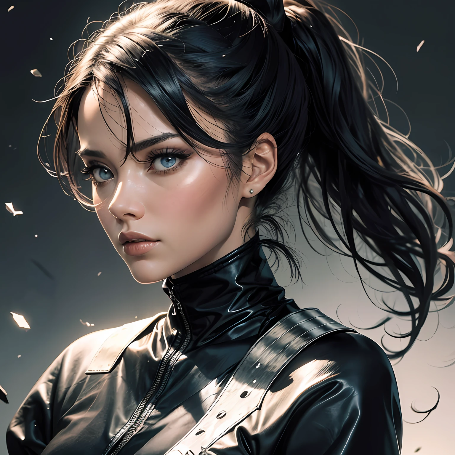heroic look，woman，High ponytail，Blackn clothes，black lence stockings，Delicate facial features --auto