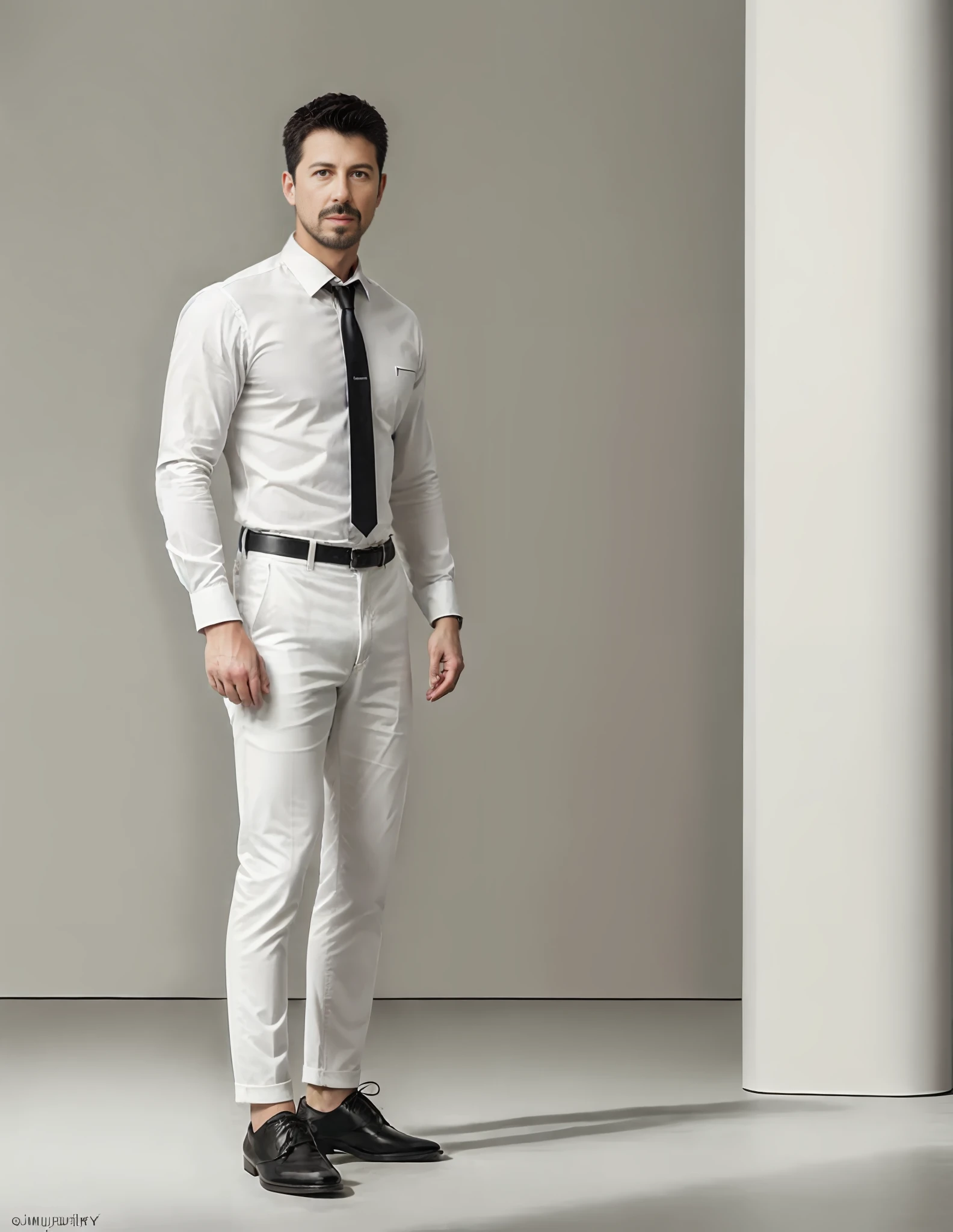 1man, 
a 30 y.o muscular male wearing long-sleeve white shirt and tie, wearing leather shoes,  full body, 
soft lighting, 
masterpiece, best quality, 8k uhd, dslr, film grain, Fujifilm XT3 photorealistic painting art by midjourney and greg rutkowski