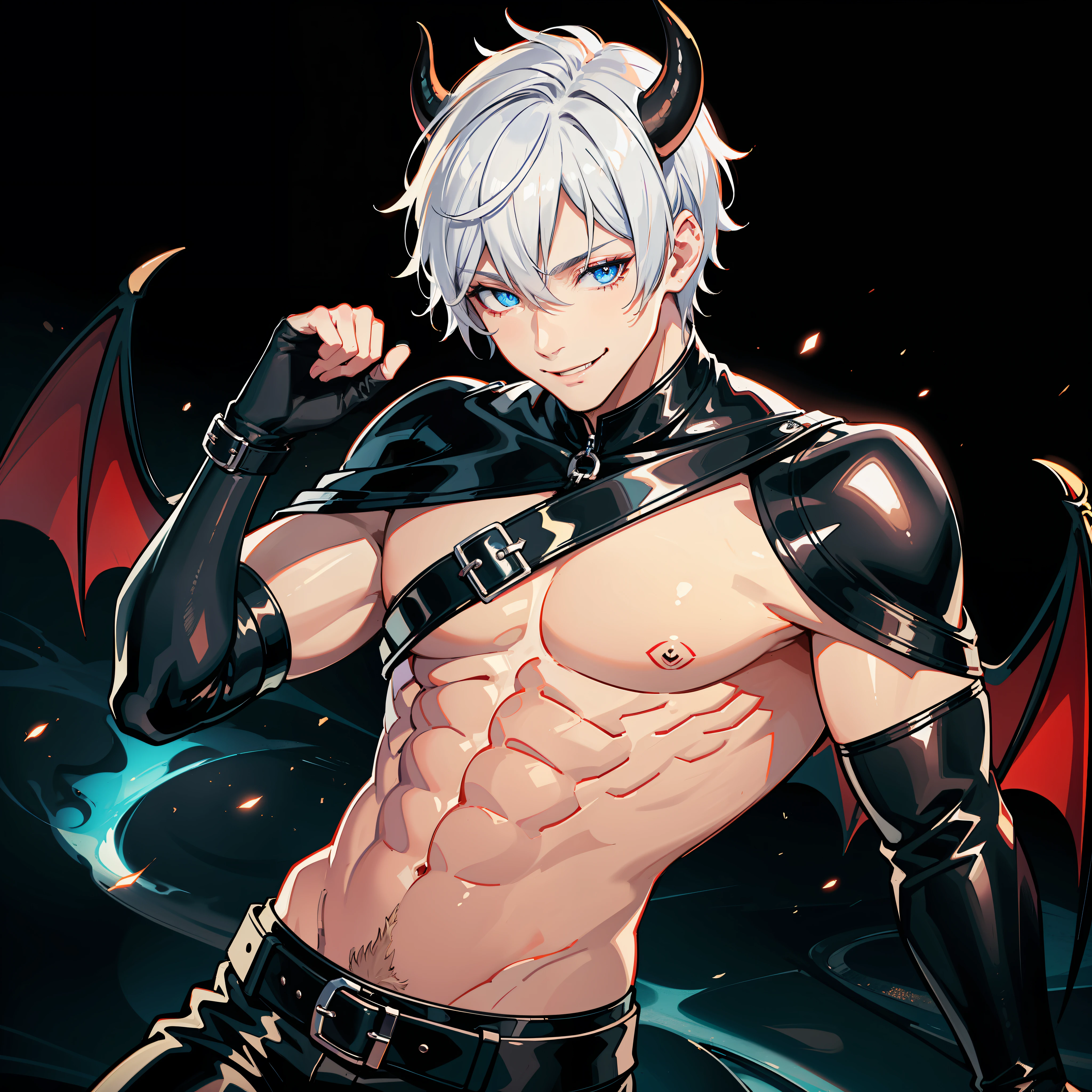mature male, Demon, (((White short hair))), Horns, blue eyes, demon wings, Seduction Smile, topless male, muscular, leather belts, BDSM, leather pants, blue lights, volumetric lights, neon glowing