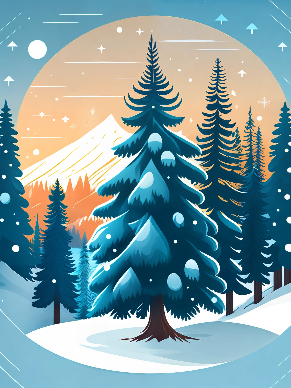 A spruce tree in a winter landscape, t-shirt design, rzminjourney, vector art