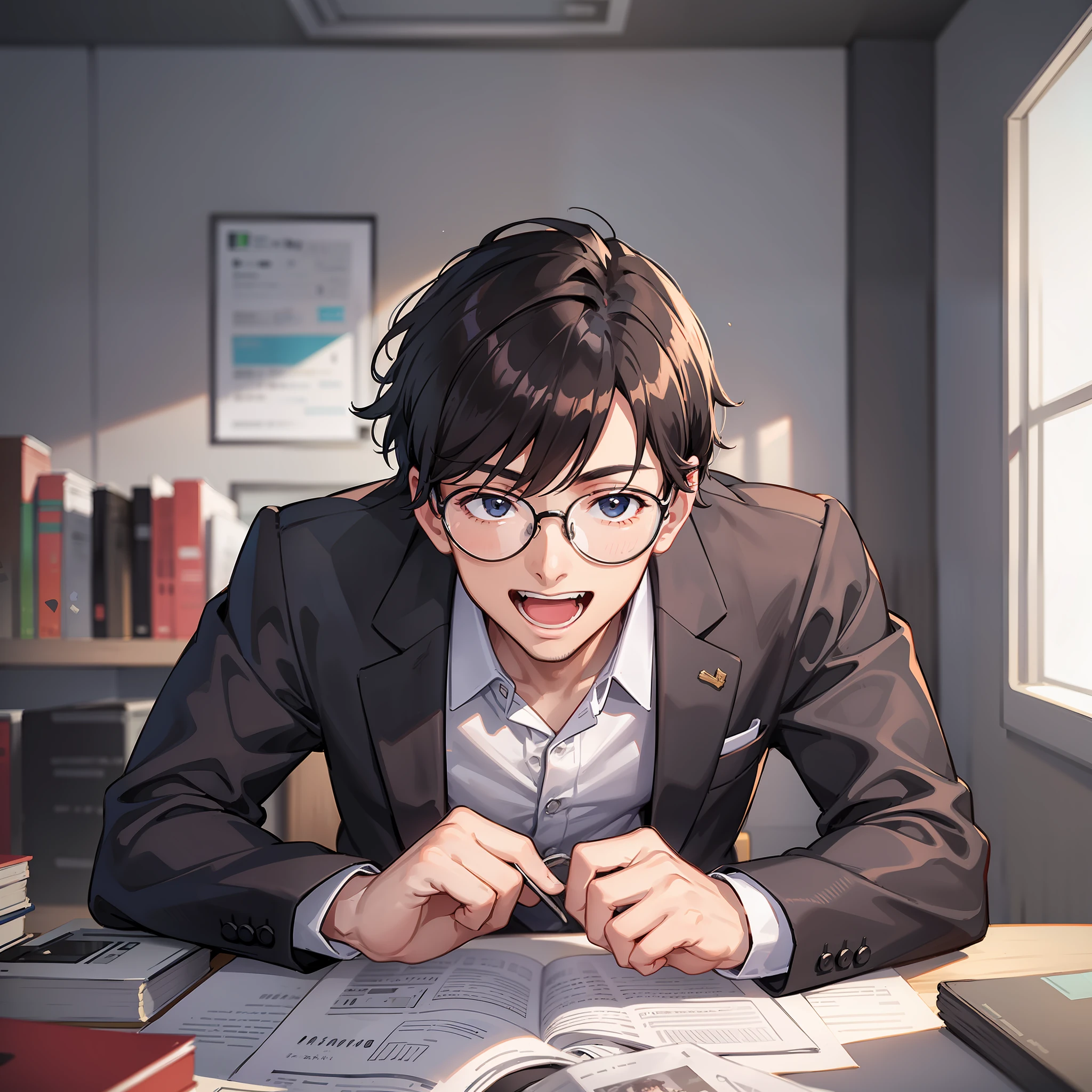 (A young man in a suit and glasses) (In the office) (Bend over and laugh)