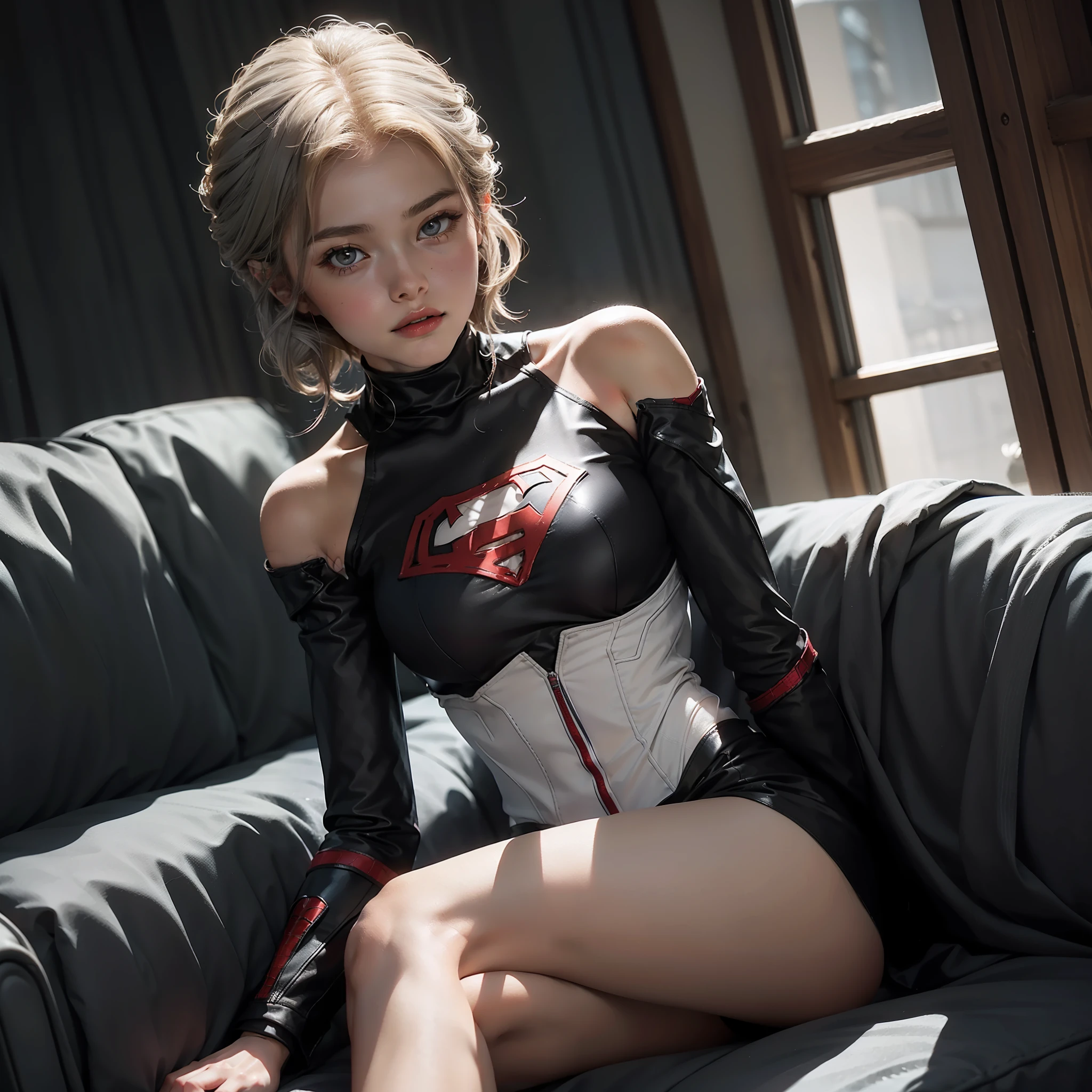 Blonde black dress 4K Supergirl black(CG Unity 8K wallpaper in extreme detail，tmasterpiece，Highest image quality)，(Delicate light and shadow，The picture is highly dramatic，Cinematic lens effect)，A girl in a white Spider-Man costume，Silver-gray hair color，From the Spider-Man parallel universe，Wenger，Marvel，Spidey，sitting in the couch，dynamicposes)，(Exceptional detail，The lighting effect is outstanding，Vista wide angle)，(Excellent rendering，Enough to stand out from the crowd)，The focus is on the white Spider-Man costume，Complex spider textures
