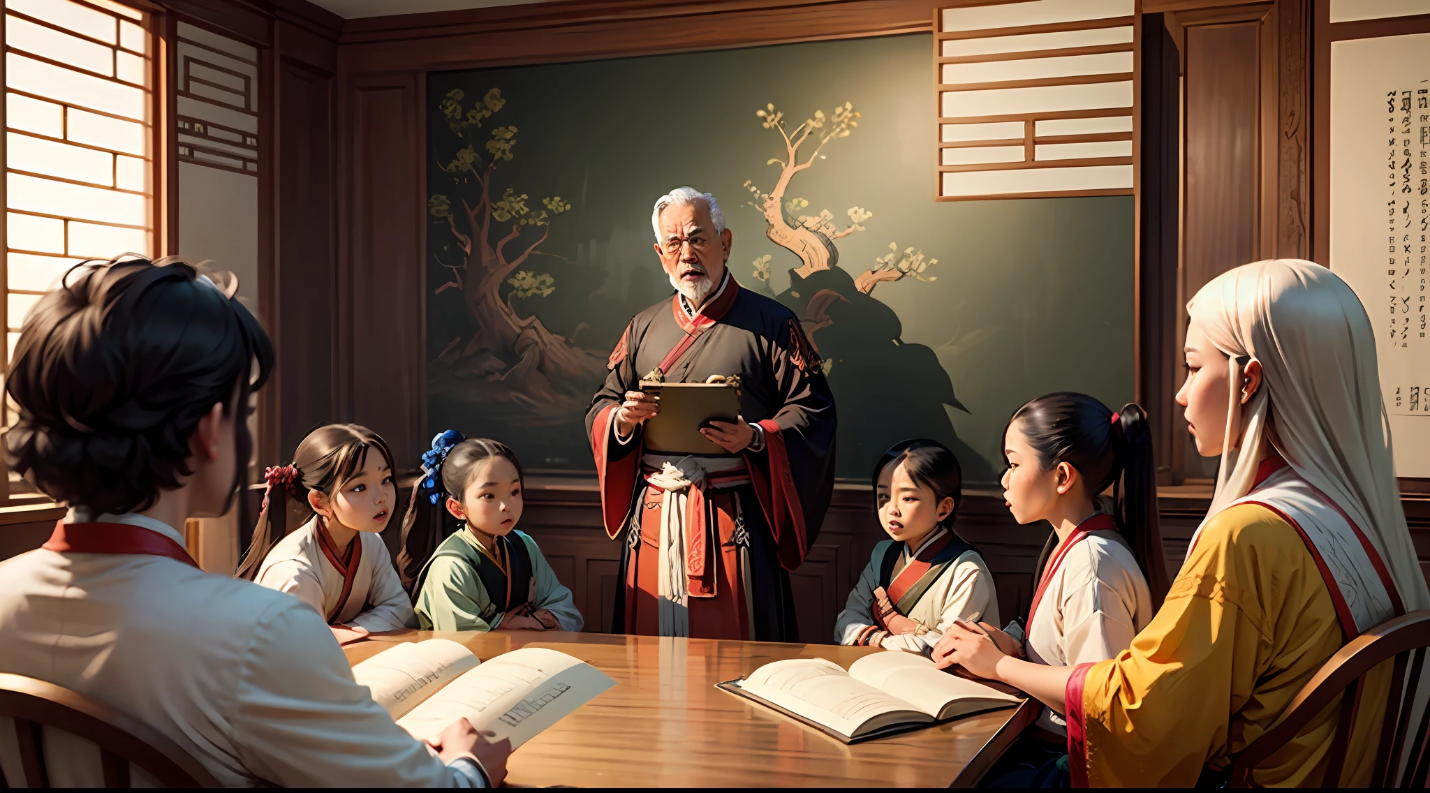 Era uma vez, a wise master teaching his students in ancient China, mostrar todos os alunos na sala