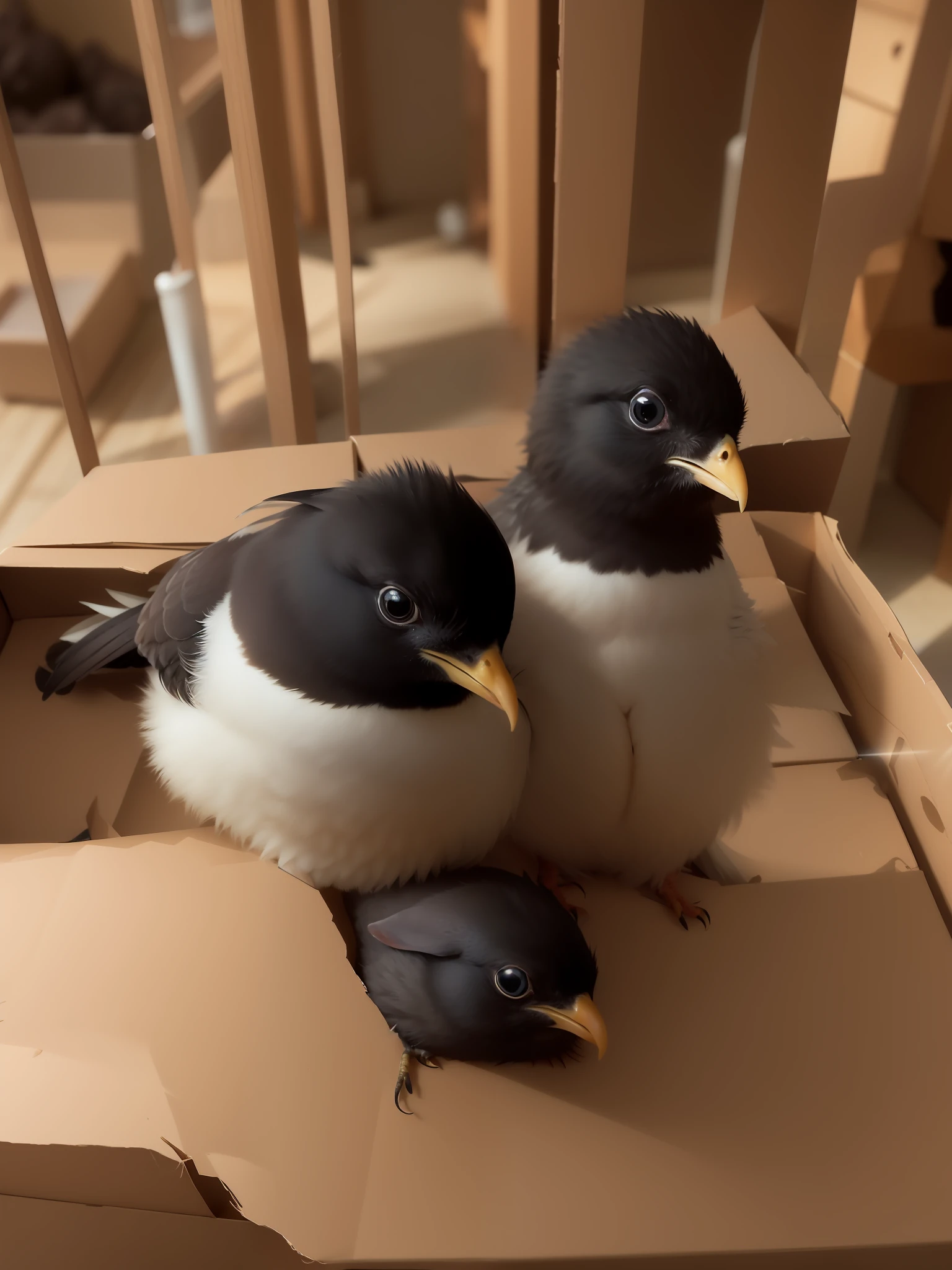 On the cardboard box stood a small black bird, with chicks, moult, high quality upload, very silly looking, cocky expression, seen from the side!, beautiful lovely, younger female, proud look, cute looking, cocky, Young male, looking off to the side, Shadow pointed ears, Looks to the side, Ready to eat, Freckles on chicks