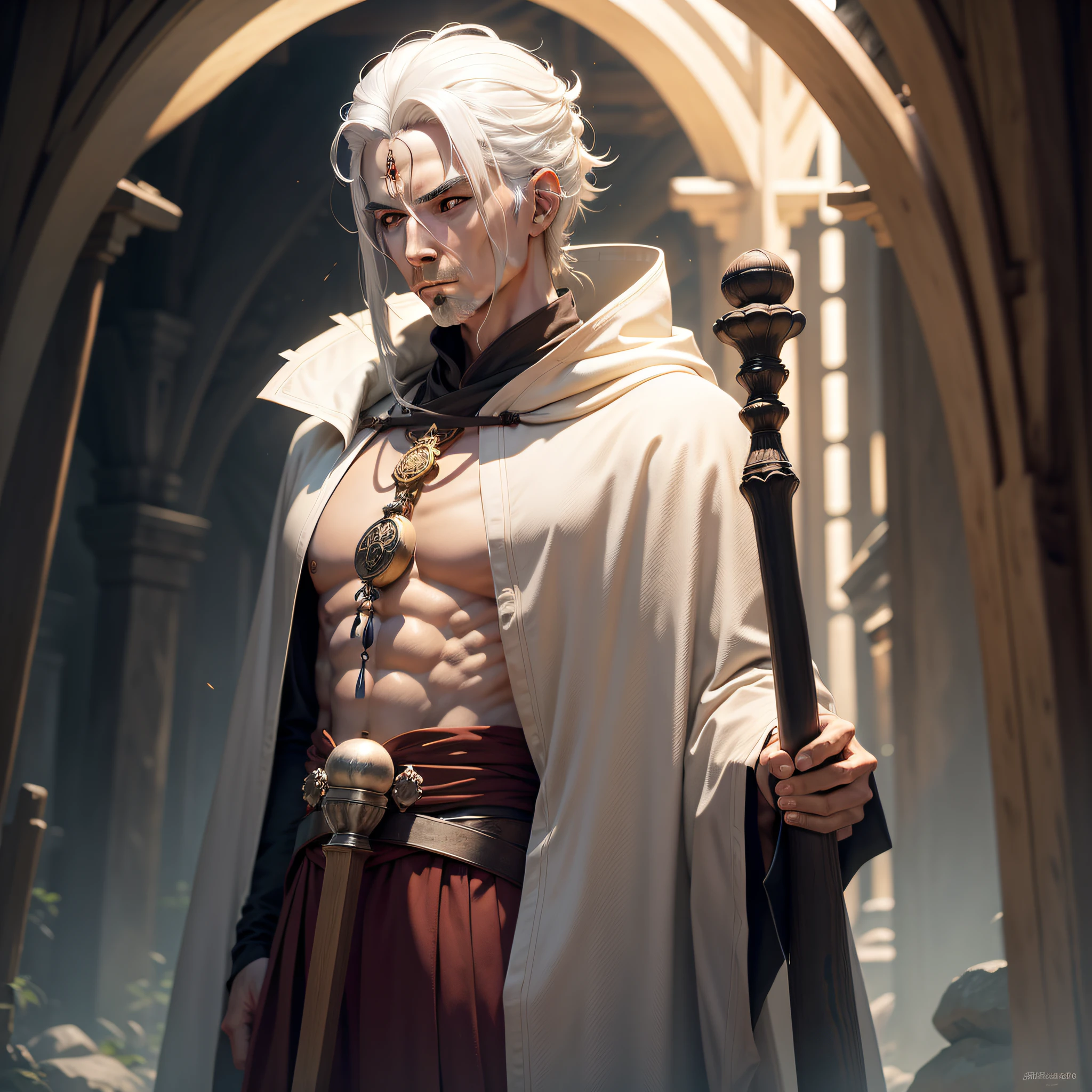 Wise monk with white hair, piercing eyes, earthy robe with sacred symbols, carrying a carved staff. Upright posture and tranquil expression, with subtle scars from his journeys. 8k --auto
