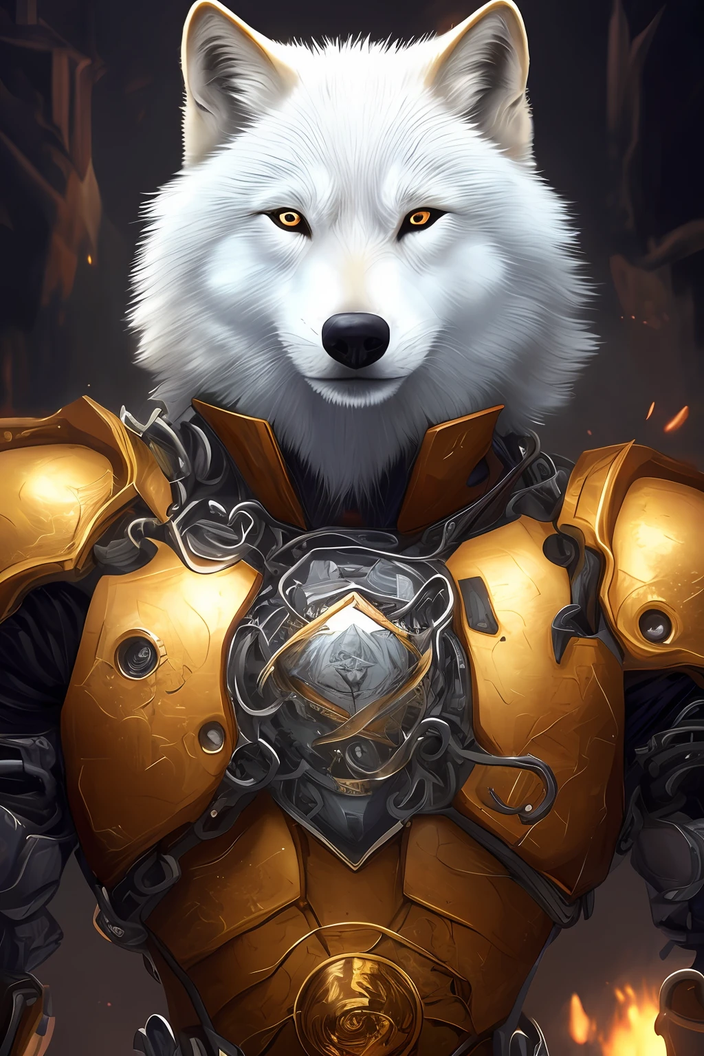 white wolf, , 8K high quality detailed art, high detailed official artwork, trending on artstation 4k, 8k hd wallpaperjpeg artifact, 8k hd wallpaperjpeg artifact, trending on artstation hq, The golden body is wearing a shiny mech,Soul card