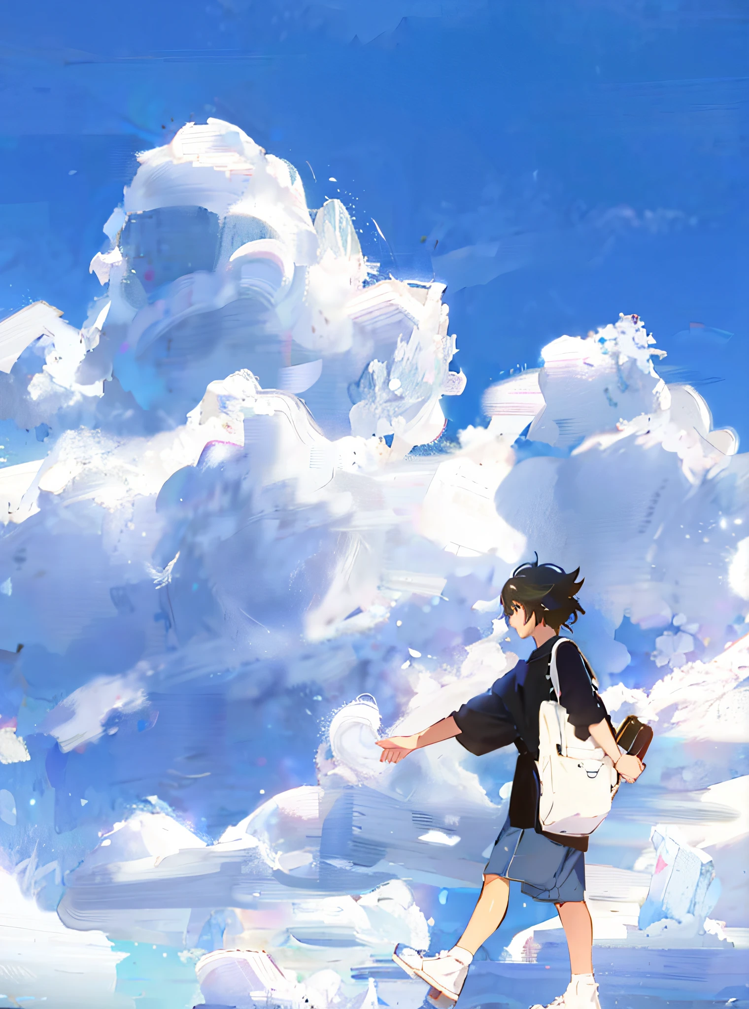 Draw a girl walking in the clouds with a backpack on her back, Anime Cloud, girl clouds, beautifull puffy clouds. Anime, in the style of makoto shinkai, she is approaching heaven, with clouds in the sky, overcast day, Makoto Shinkai's style, makoto shinkai art style, Makoto shinkai style, on cloud, high clouds