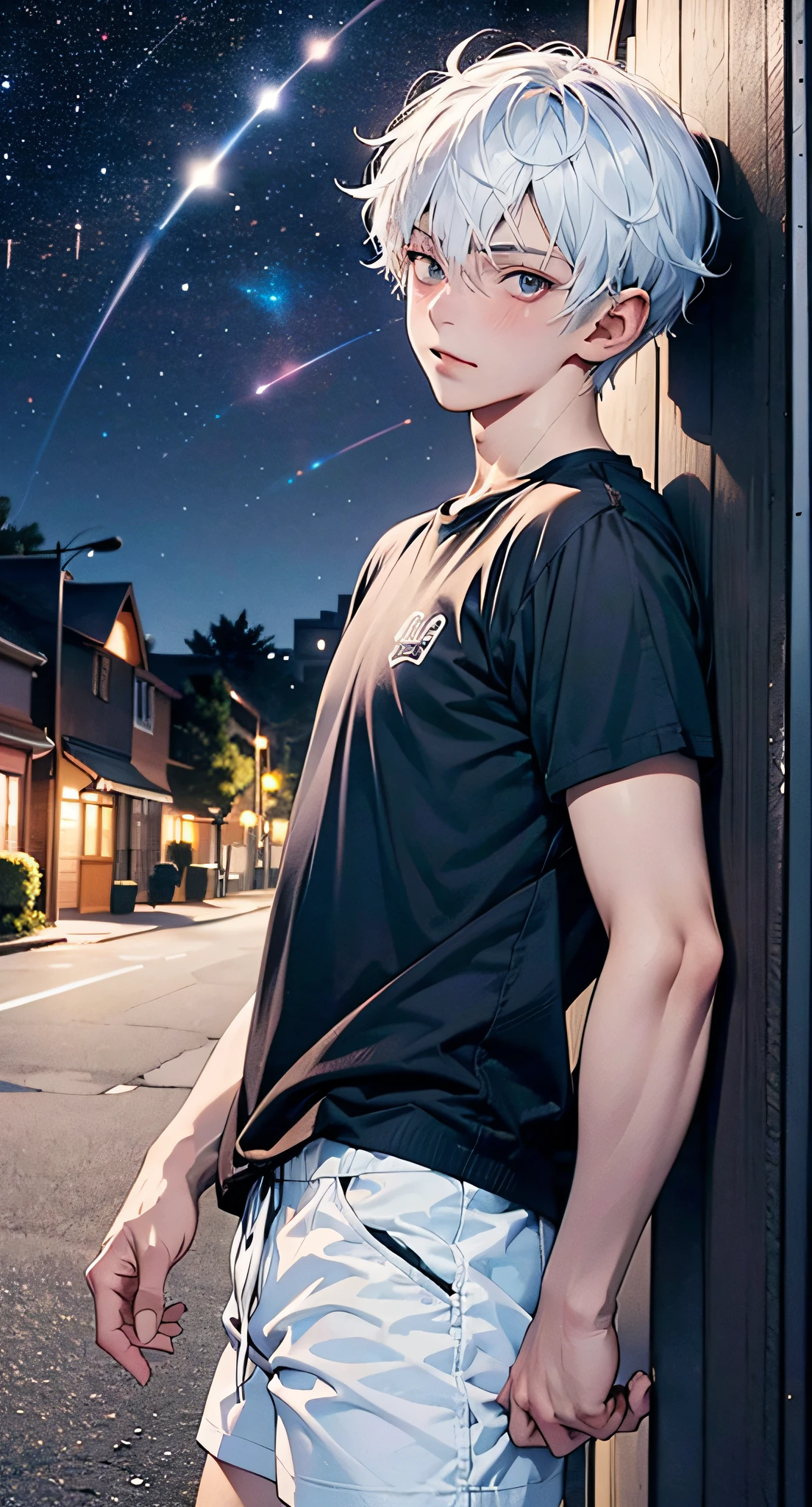 tmasterpiece,A high resolution,ultra - detailed,offcial art,Unity8k wallpapers,ultra - detailed,Libido boy,exteriors,18yr old,light blue short hair,Short sleeves in white,blue short pants,looking at the stars,paths