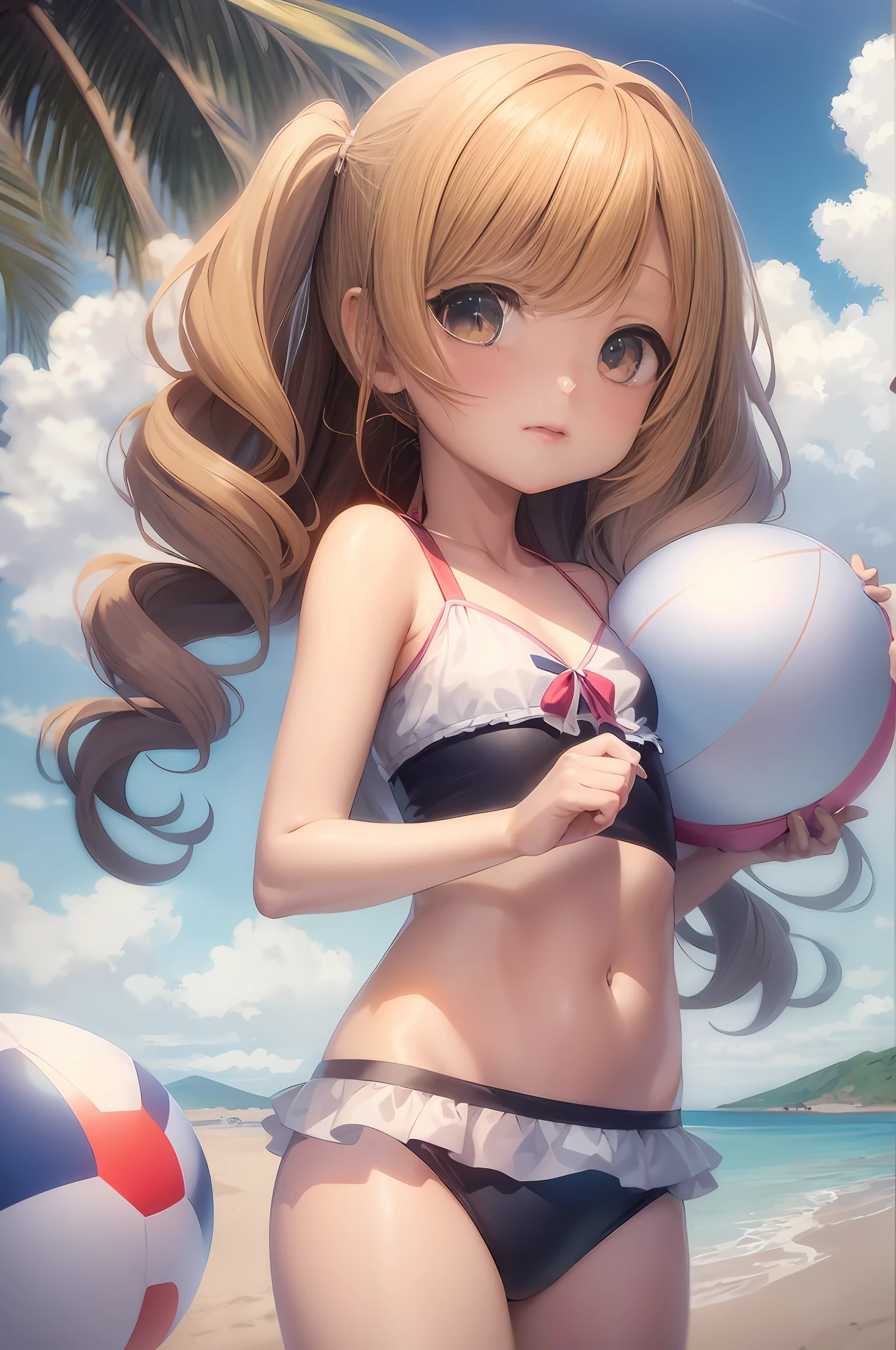 Bikini anime girl with beach ball and beach ball, Smooth Anime CG Art, artwork in the style of guweiz, Swimsuit, Beautiful anime girl, 4 k manga wallpaper, ultra hd anime wallpaper, Cute anime girl, pretty anime girl, 4k anime wallpaper, pixiv 3dcg, realistic bikini, Seductive Anime Girl, hd anime wallaper