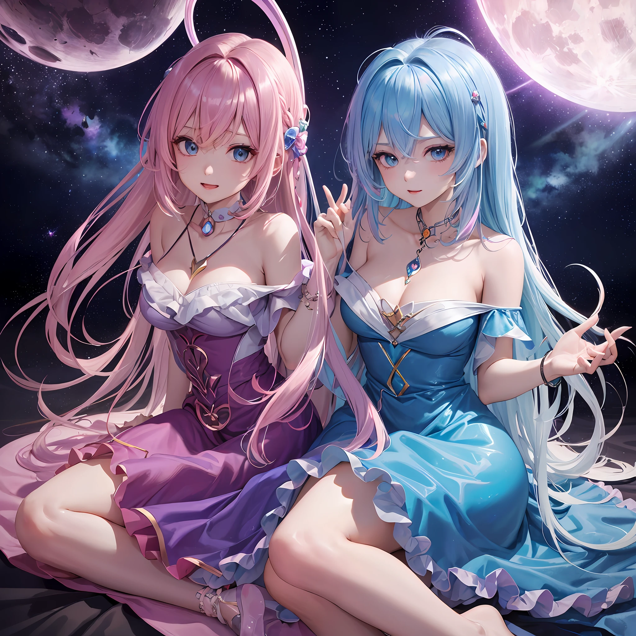 Dark Magician Girl、MKSKS style、2guys、(highly detailed back ground:1.0)、(highly detailed back ground:1.0)、masterpiece、top-quality、in 8K、Blue eyes、From above、Put your hands between your legs、The upper part of the body、Sitting in a plush chair、Twisting the body、Hair ornament with emerald、Reddish cheeks、Smiling、(1/2 pink and 1/2 Light blue hair、rainbow-colored hair)、(Colorful dress with a lot of draping、Rainbow dress:1.3)、Fur muffler、Silver necklace、Silver bracelet、Bad hands, bad finger, Missing fingers, Extra fingers、Ray-like pattern、Aurora、night sky full of stars、shooting stars、fullmoon、natta --auto