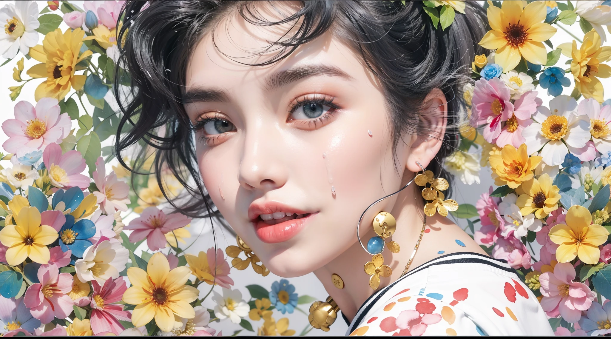 Marilyn Monroe stechu,(white background:1.4), ((tachi-e)), original,(illustration:1.1),(best quality),(masterpiece:1.1),(extremely detailed CG unity 8k wallpaper:1.1), (colorful:0.9),(panorama shot:1.4),(solo:1.2), (ink splashing),(color splashing),((watercolor)), clear sharp focus,{ 1girl standing },((korean style )),flower background,outdoors,rocks, looking at viewer, make happy expressions,soft smile,pure,beautyfull detailed face and eyes,beautyfull intricacy clothing decorative pattern details, black hair,black eyes,colorwater