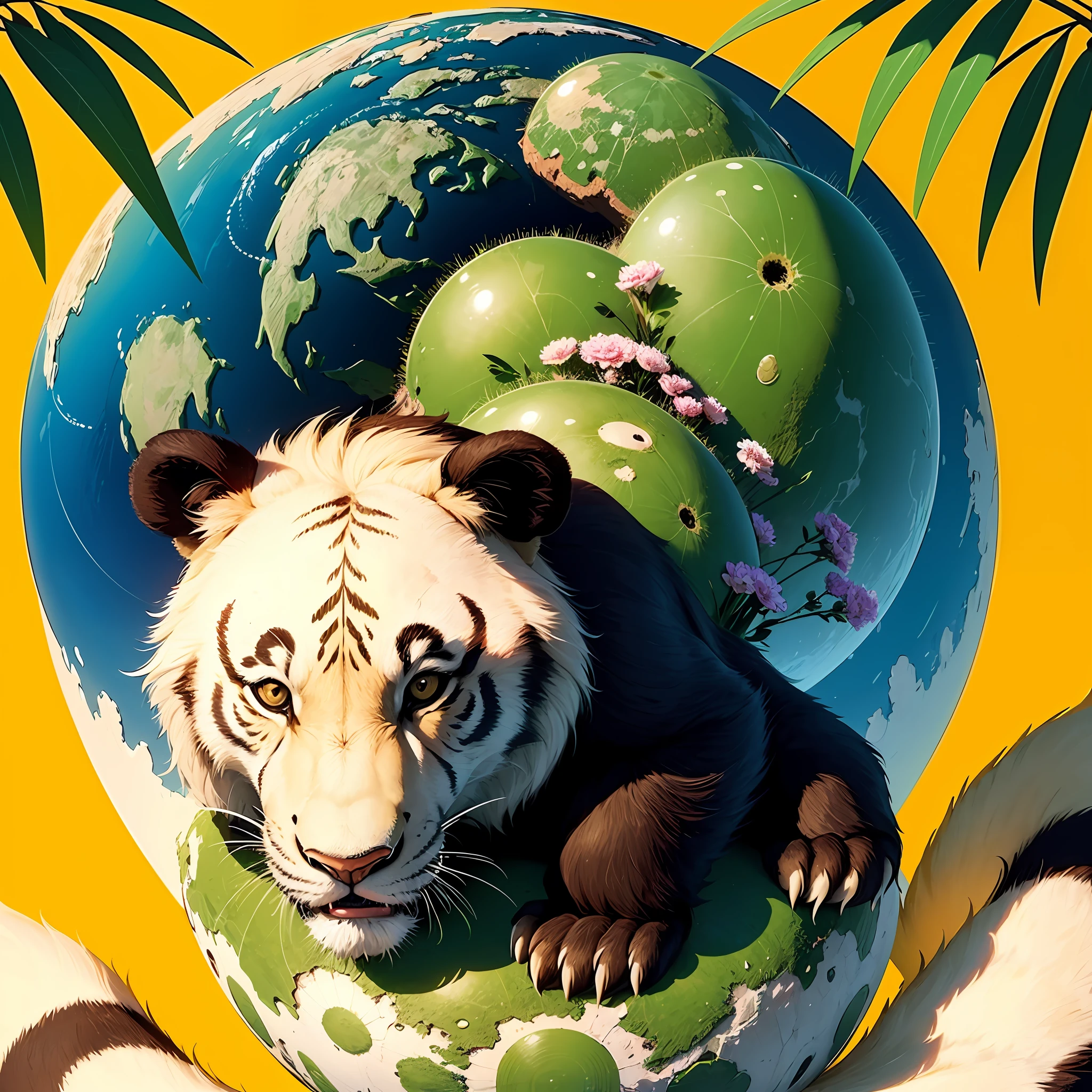 Earth Day poster, flat illustration, super cute Chinese giant panda eating bamboo and tiger, lion, elephant in green spherical earth, trees, flowers, landscapes, blue, green, yellow, simple background, center composition, bright colors, light and shade contrast, ultra high detail, 4k, flat illustration --auto