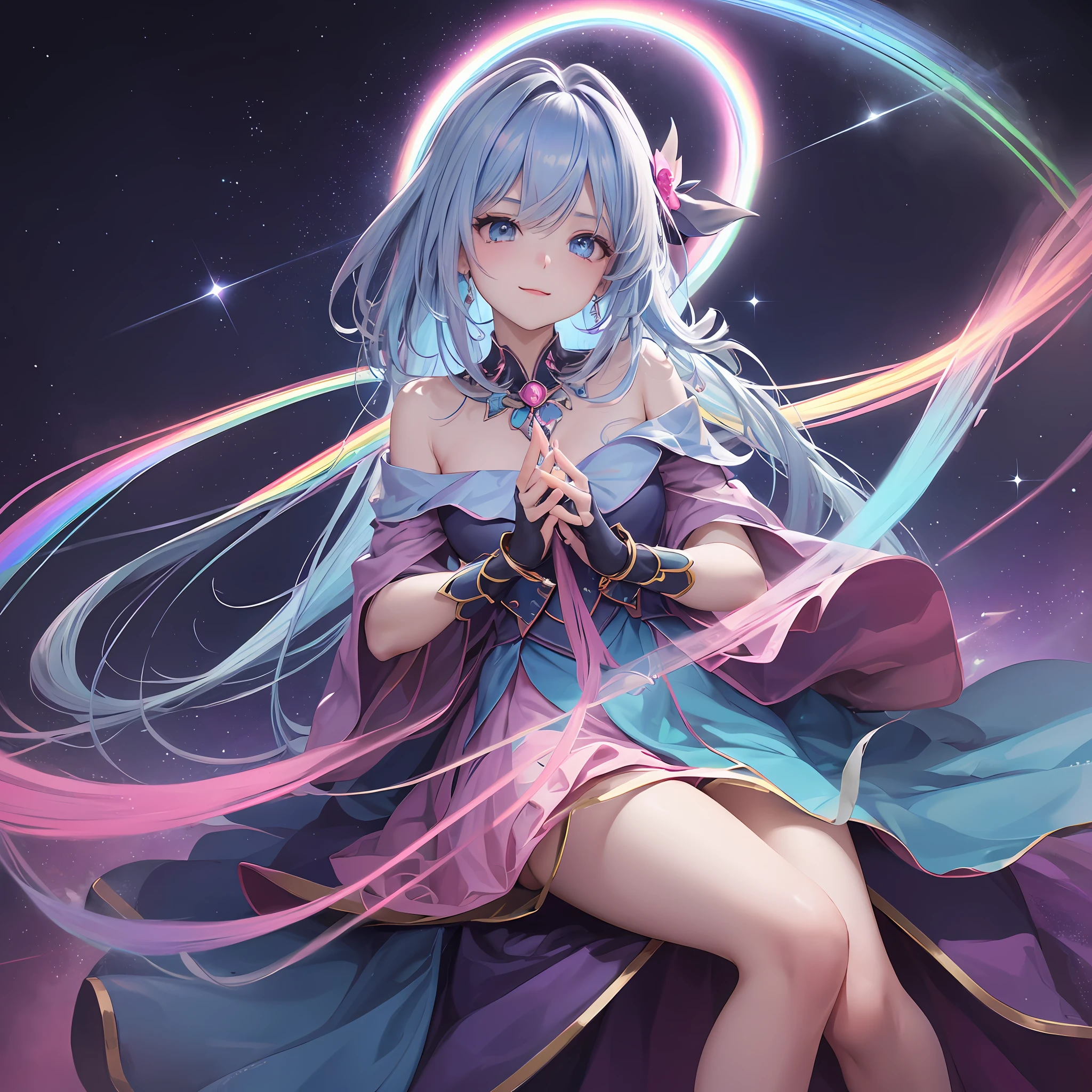 Dark Magician Girl、MKSKS style、2guys、(highly detailed back ground:1.0)、(highly detailed back ground:1.0)、masterpiece、top-quality、in 8K、Blue eyes、From above、Put your hands between your legs、The upper part of the body、Sitting in a plush chair、Twisting the body、Hair ornament with emerald、Reddish cheeks、Smiling、(1/2 pink and 1/2 Light blue hair、rainbow-colored hair)、(Colorful dress with a lot of draping、Rainbow dress:1.3)、Fur muffler、Silver necklace、Silver bracelet、Bad hands, bad finger, Missing fingers, Extra fingers、Ray-like pattern、Aurora、night sky full of stars、shooting stars、fullmoon、natta --auto