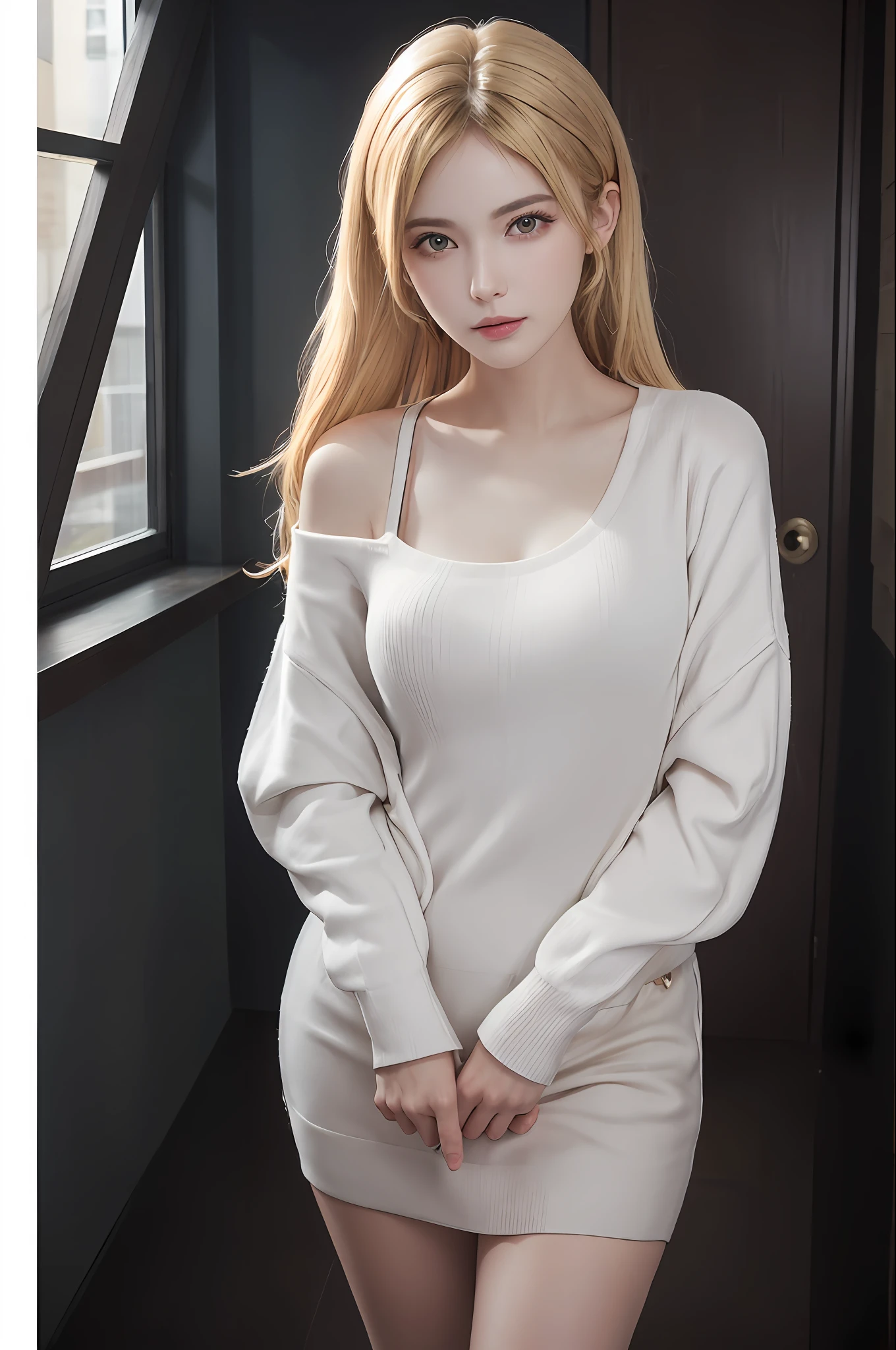 (masuter piece:1.3)、(8k、Photorealsitic、RAW Photography、top-quality: 1.4)、(1girl)、beautiful countenance、(lifelike face)、(a blond、Long:1.3)、Beautiful hairstyle、realisticeyes、Beautiful details、(real looking skin)、Beautiful skins、(Sweaters)、absurderes、enticing、超A high resolution、A hyper-realistic、high-detail、the golden ratio、sexypose、gals、校服、pupils、Chest revealed