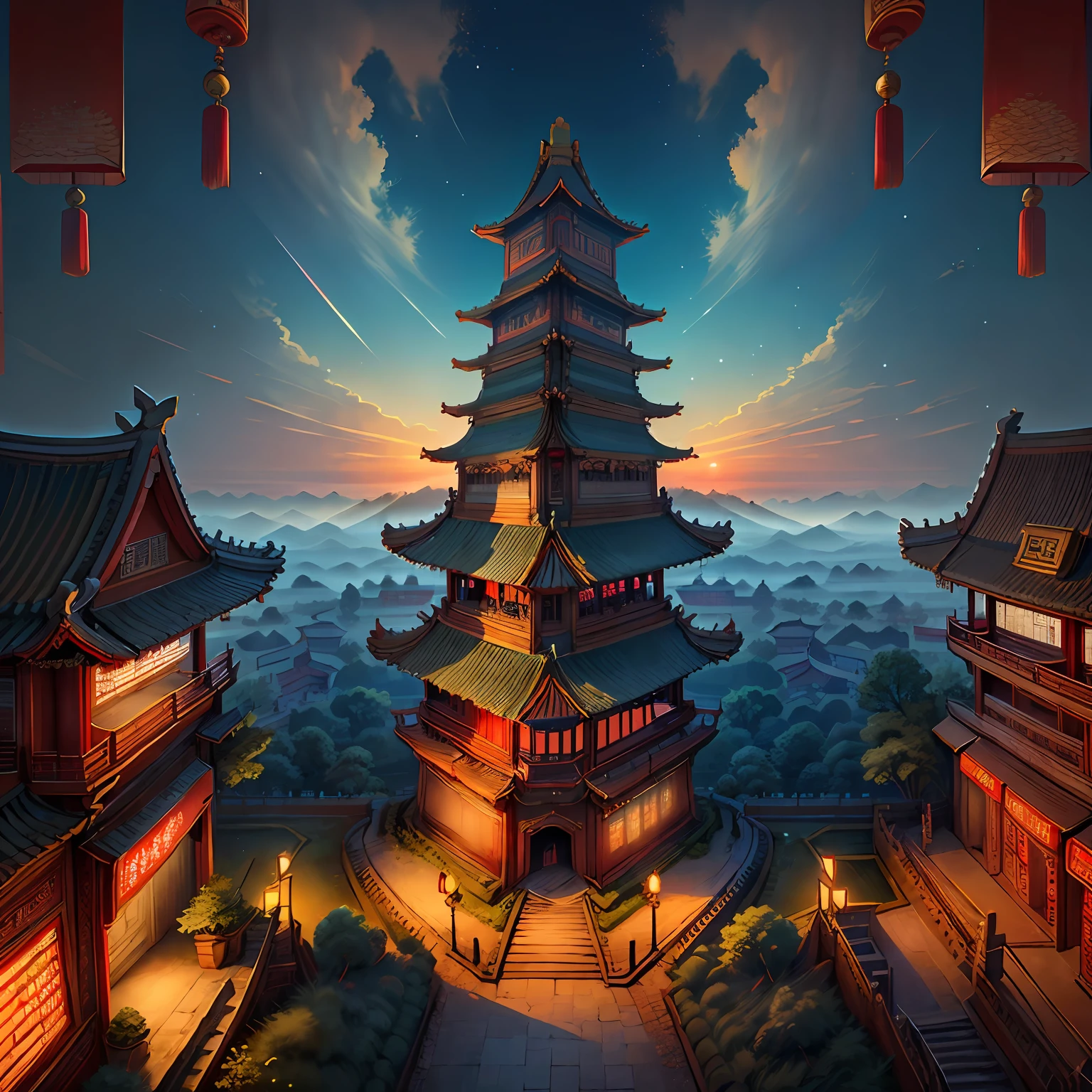 (China-style:1.2,Chang'an:1.2,castle wall:1.15),Classical architectural atmosphere,chinesedragon:1.5,Wide streets,full of lights:1.15,Sunset:1.2.