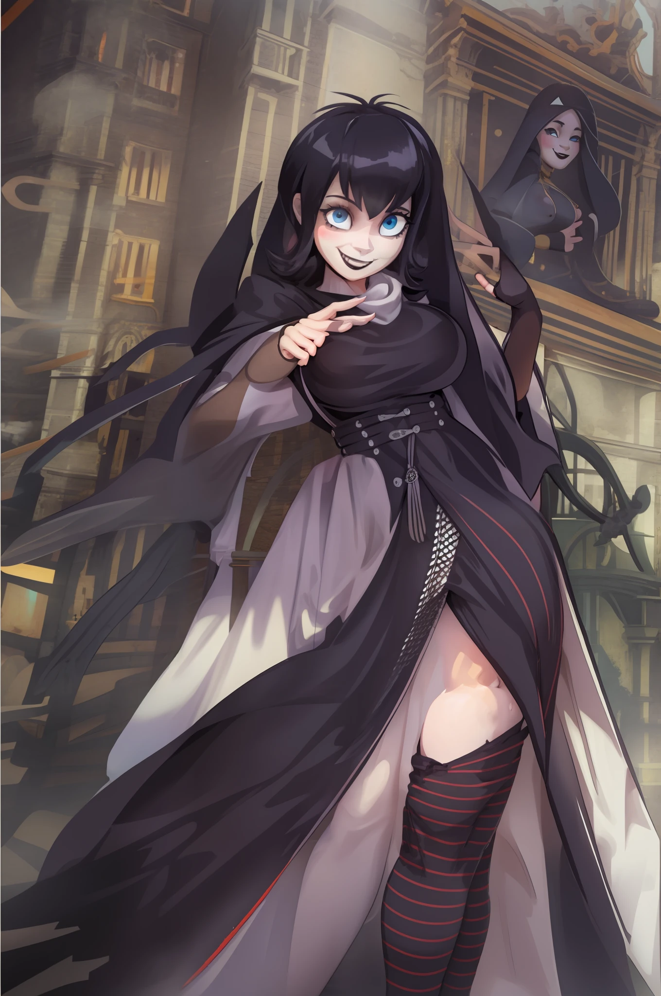 Mavis_dracula, full body, pantyhose, huge breast, pants, goth, long dress, black hair, flip flips, smile, long robe, skirt, victorian clothing, gloves