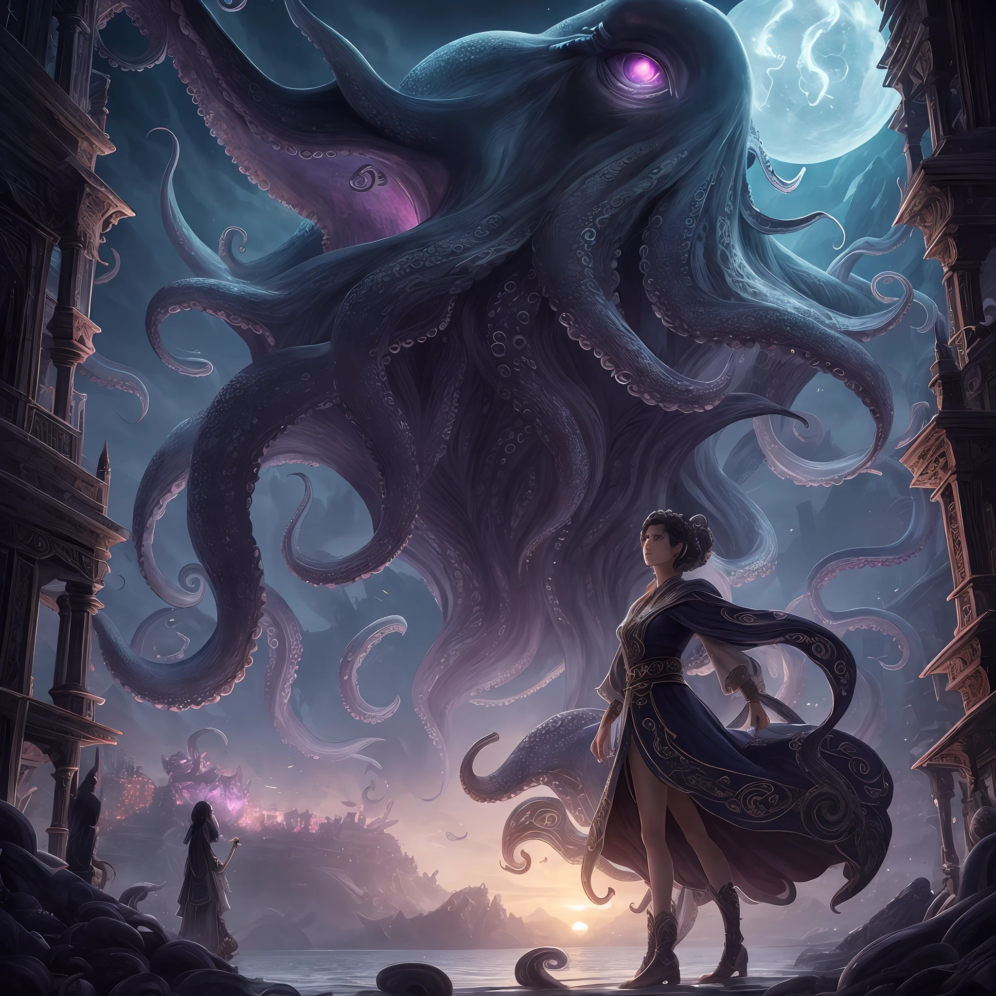 in 8K, top-quality, Real Image, intricate detailes、femele、soio、A giant monster like an octopus behind、A dark-haired、poneyTail、robe blanche、loimu、natta、neons、horor\(theme\) masterpiece、top-quality、ighly detailed --auto